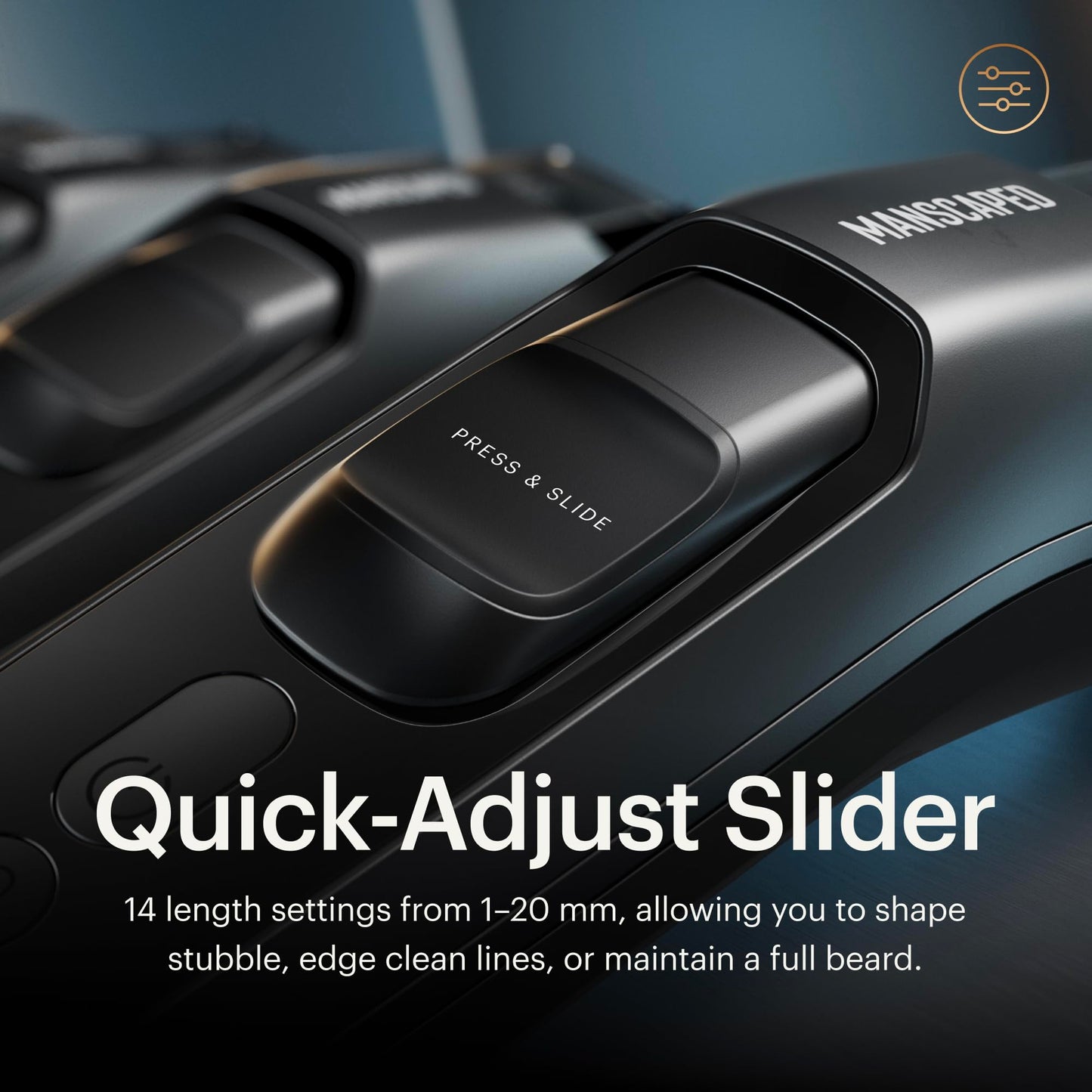 MANSCAPED® The Beard Hedger® PLUS: Recortadora ajustable de barba y bigote para hombre con 14 ajustes de longitud (1–20 mm), cuchilla de acero inoxidable, resistente al agua, bloqueo de viaje y recargable por USB-C.