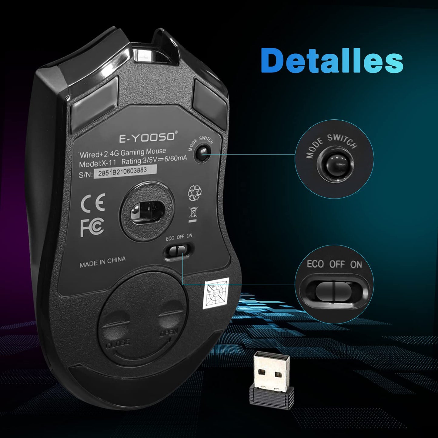 Mouse Gaming TERPORT S500 Inalámbrico Óptico RGB con 9 Botones Programables y 8000 DPI