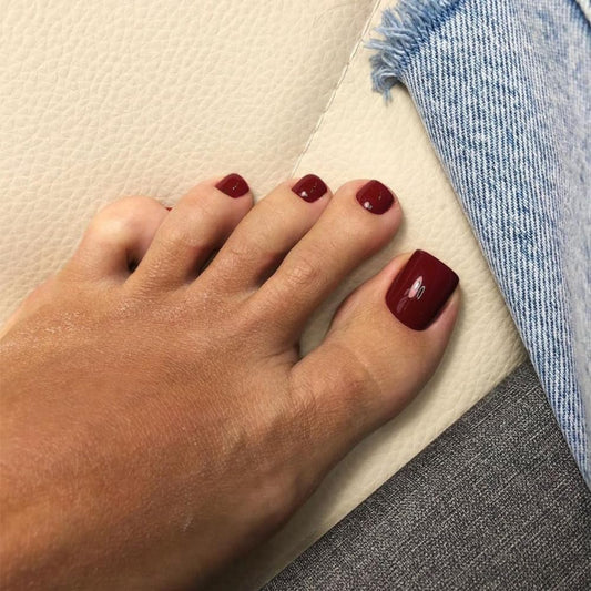 KXAMELIE Uñas postizas de color rojo oscuro para mujer, uñas postizas brillantes, cortas, cuadradas, acrílicas, reutilizables, color vino tinto, naturales, sin costuras, 24 unidades.
