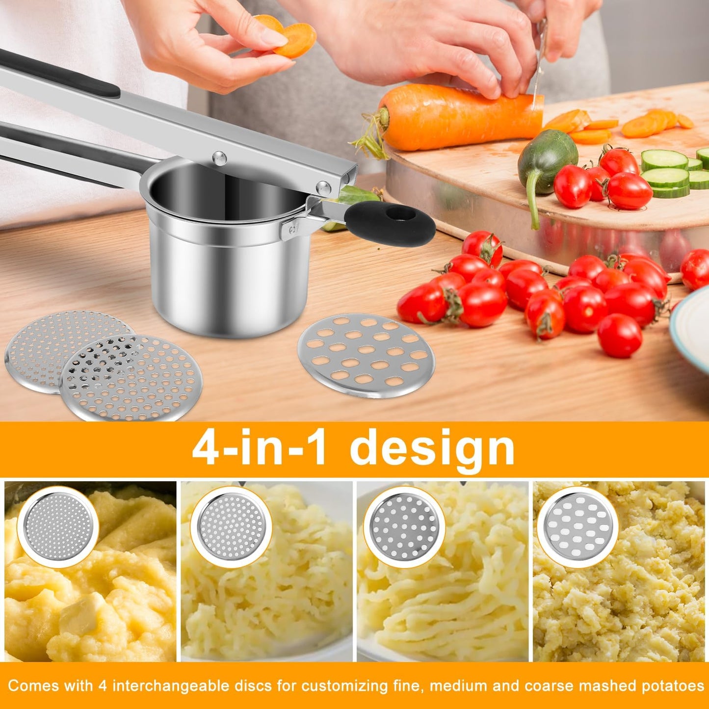 Kzings Aplastador de Papas Acero Inoxidable, con 4 Discos Intercambiables, Mango Ergonómico, Picador De Papas Y Frutas,Para Cocina En Casa