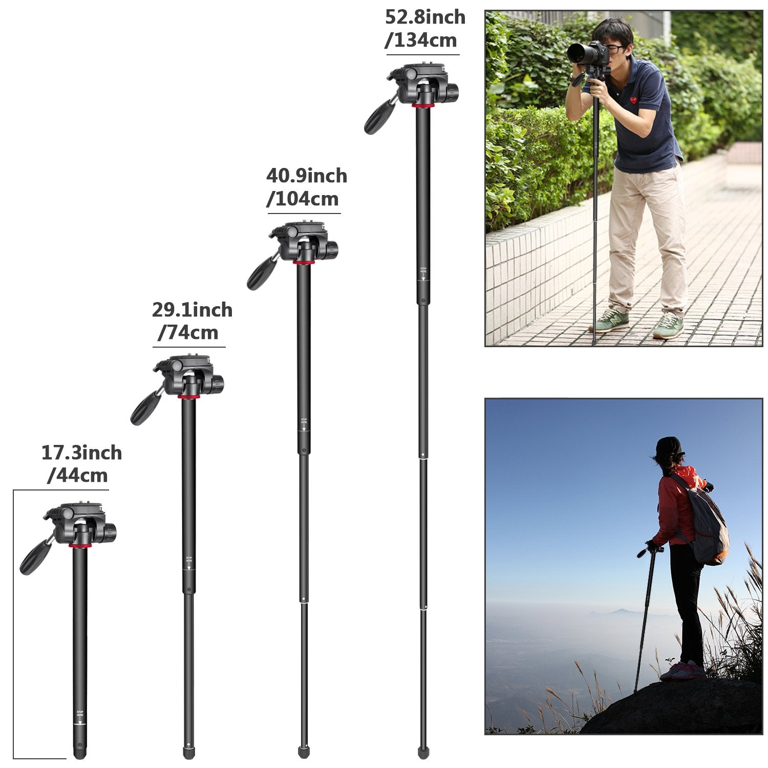 Trípode Monopié NEEWER Rojo de Aluminio con Cabezal Giratorio para Cámara DSLR y Videocámara