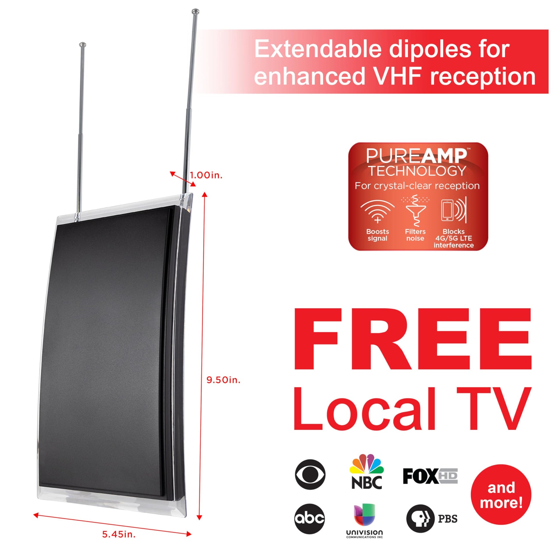 GE Crystal Antena amplificada, de Alta definición, de Largo Alcance, Compatible con 4K 1080P HDVHF UHF, Soporte J Incluido para ático o Exterior, Resistente a la Intemperie 48732-RF1