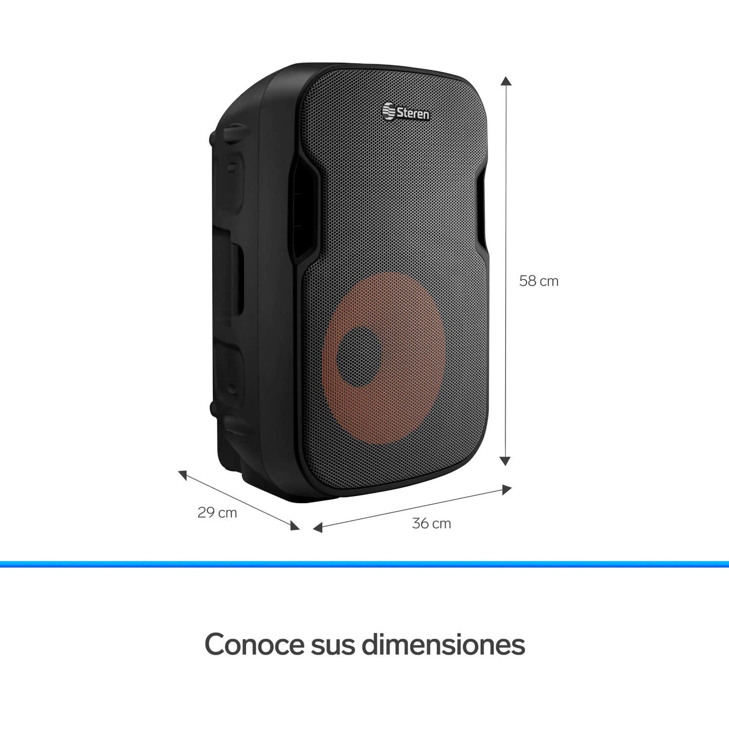 STEREN BAF-1255BT Bafle 12" 2300 WPMPO Bluetooth, woofer y Tweeter, MP3 por microSD o USB, AUX RCA, 6,3 mm para Mic, Crossover, Salida Speakon, Ruedas y agarraderas, Orificio para Colocar en Pedestal
