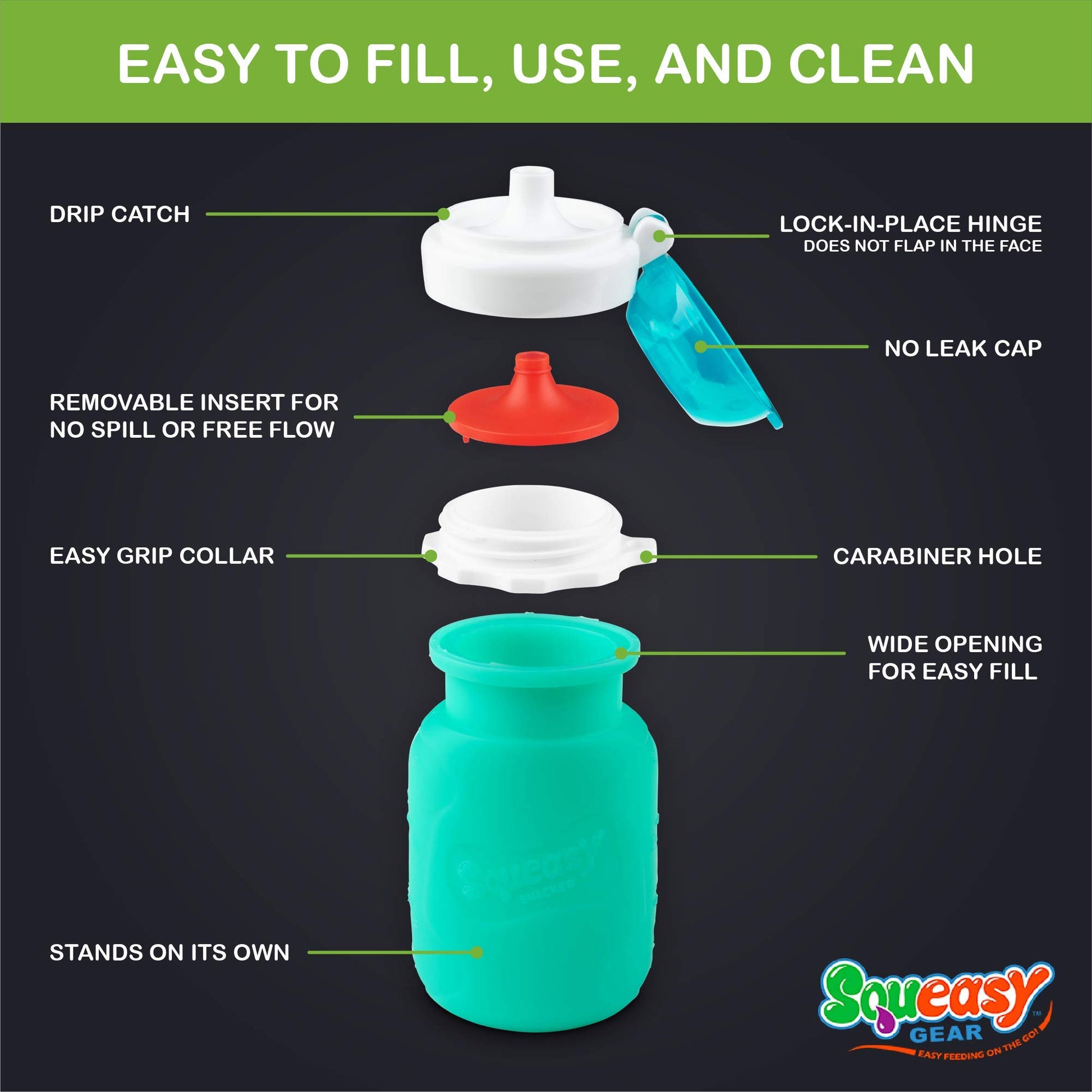 Squeasy Snacker 3.5oz 100% Food Grade Silicone Reusable Food Pouch, featuring the No Spill Insert - Aqua by Squeasy Gear