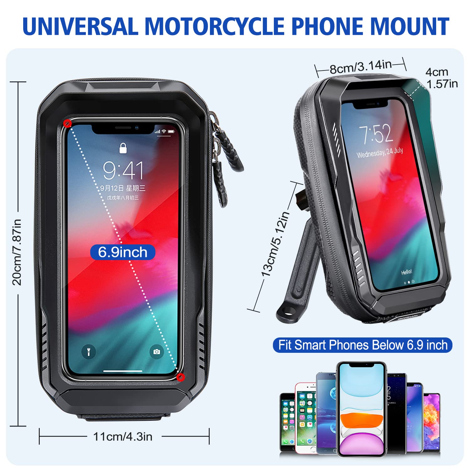BKNOOU - Soporte impermeable para teléfono de motocicleta, rotación de 360 °, protección contra la vibración, cubierta de lluvia, espejo retrovisor, soporte para teléfono móvil, motocicleta, 4.5 a 6.9