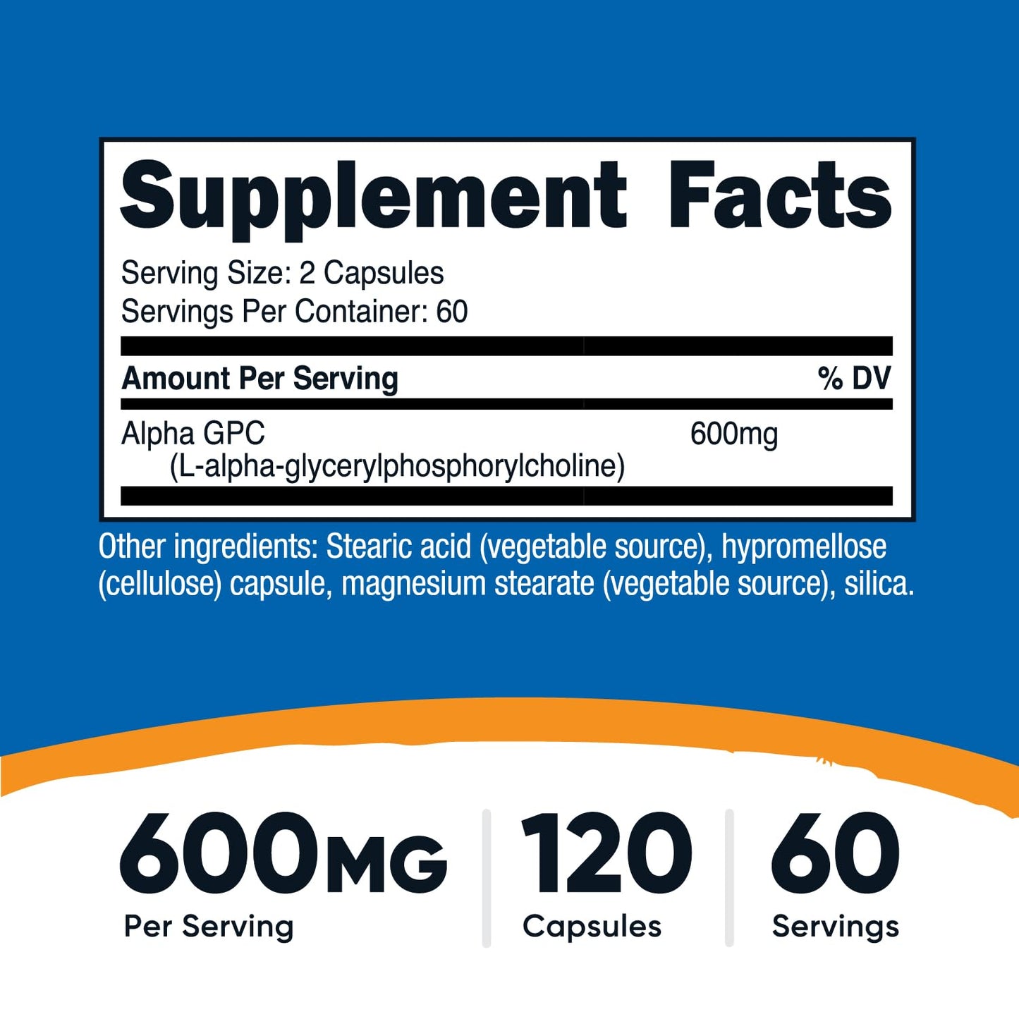 Cápsulas Alpha GPC Nutricost 600 mg Vegetarianas Sin OGM y Sin Gluten