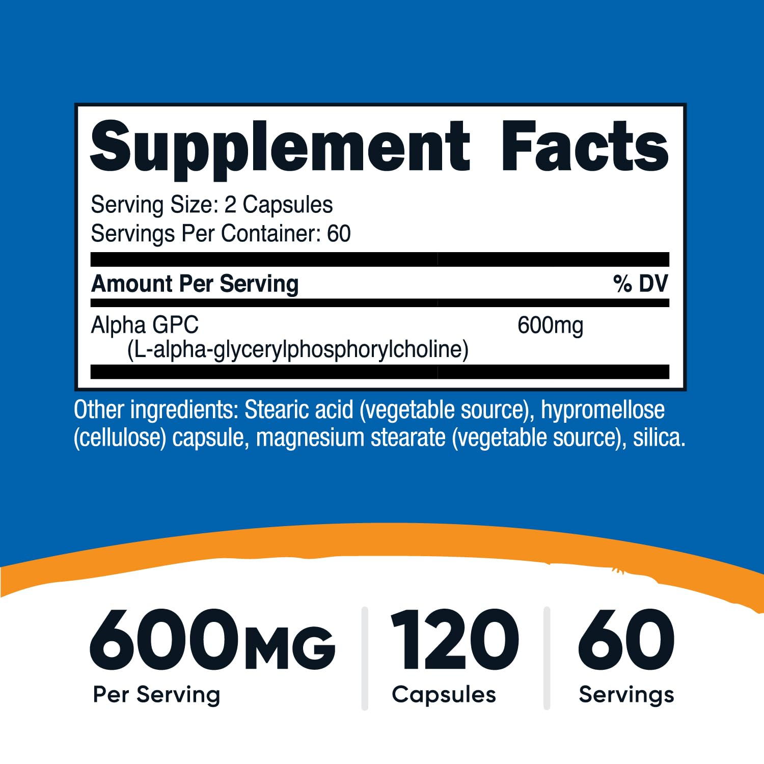 Cápsulas Alpha GPC Nutricost 600 mg Vegetarianas Sin OGM y Sin Gluten