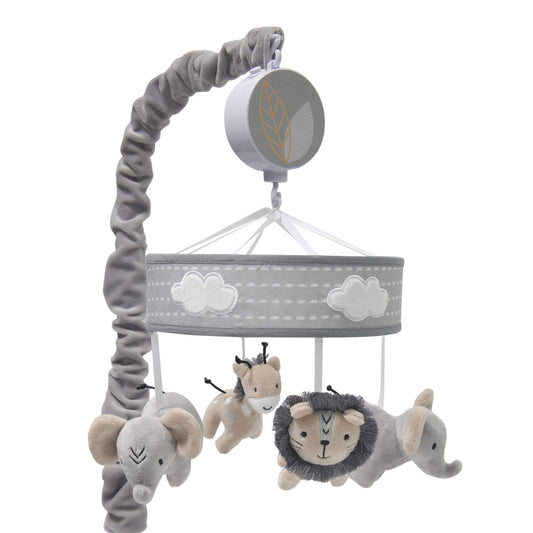 Lambs & Ivy Jungle Safari Musical Baby Crib Mobile - Grey, Beige, White, Animals
