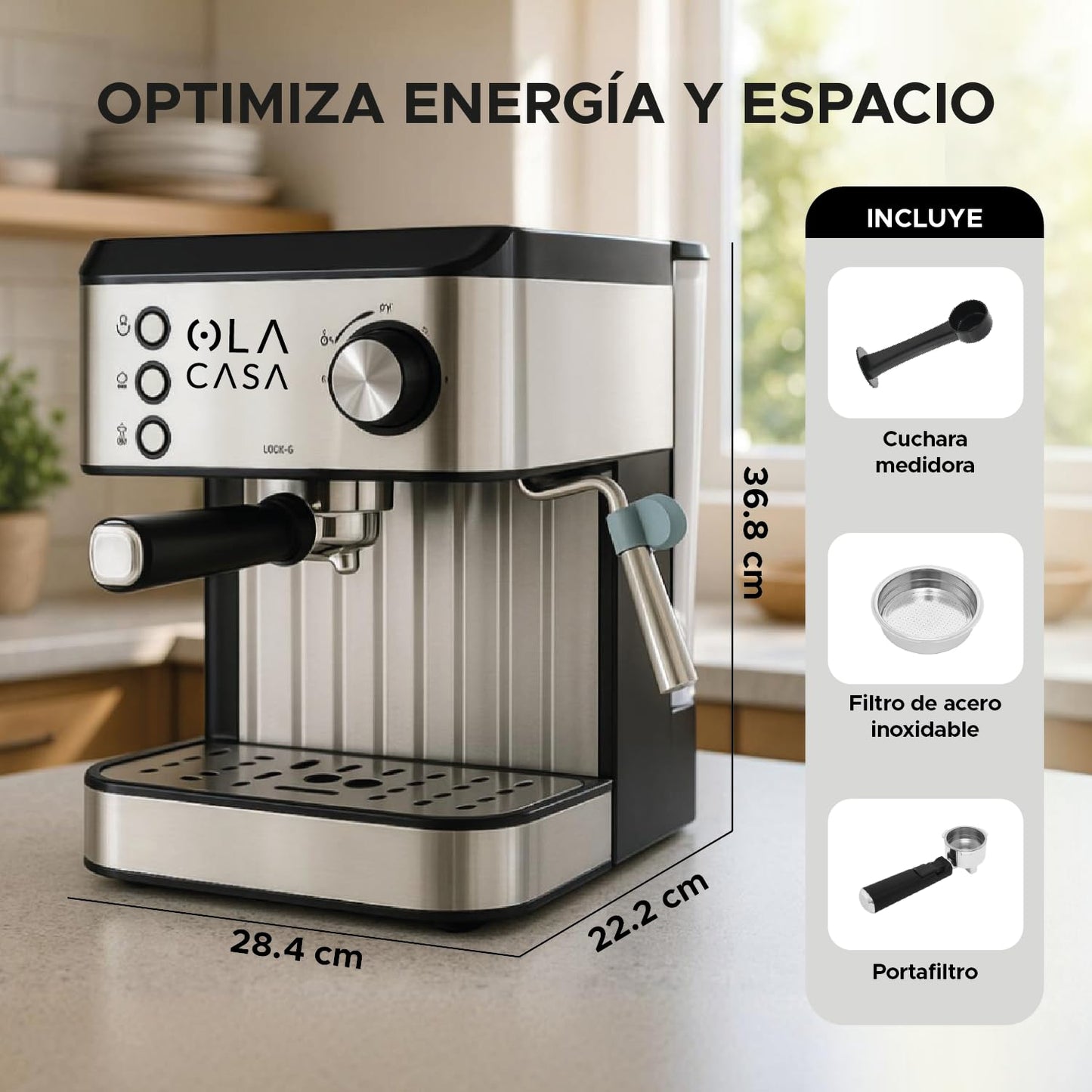 Máquina de Café Espresso OC OLA CASA Acero Inoxidable con Espumador y Placa Calentadora