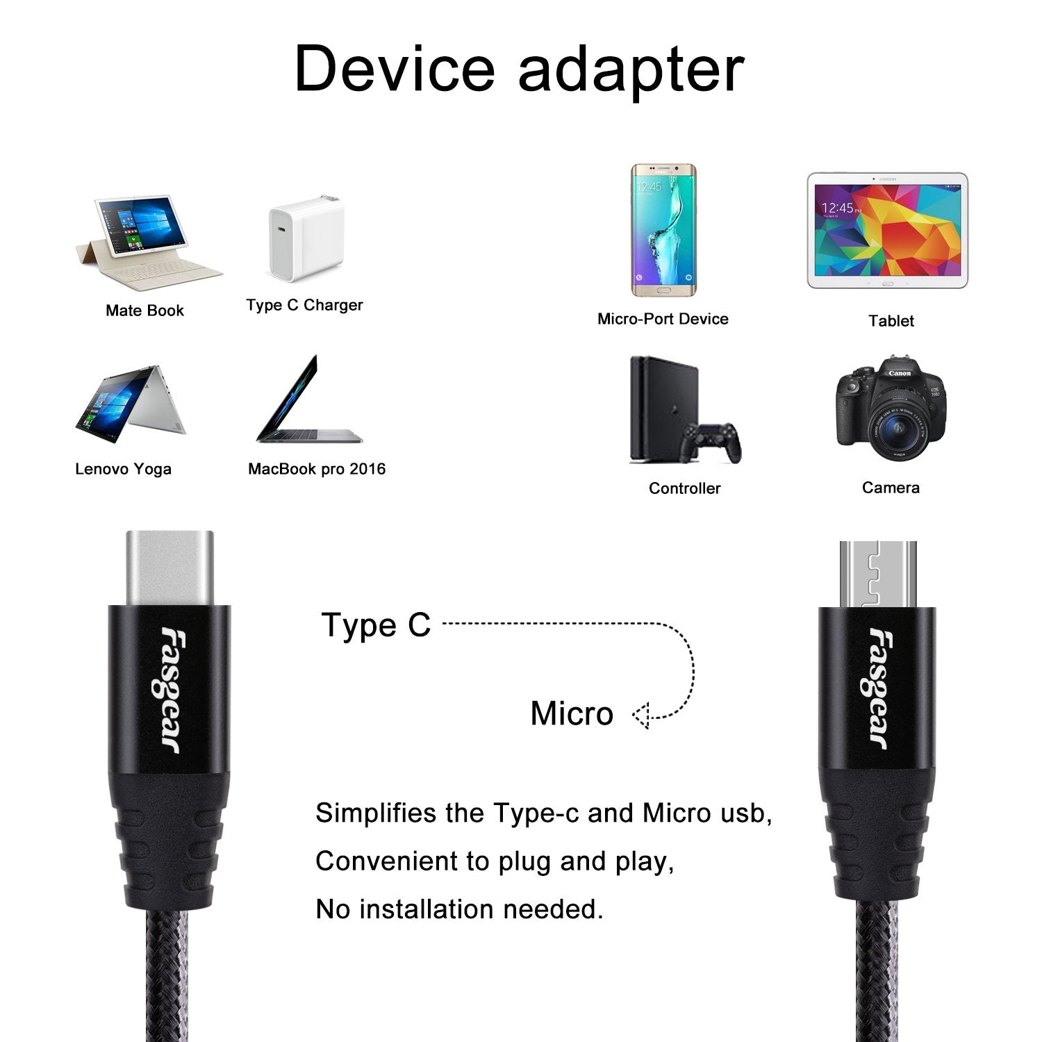 Cable USB C a Micro USB Fasgear Negro de Nailon Trenzado 1 m Compatible con Galaxy S7/S6 y HTC