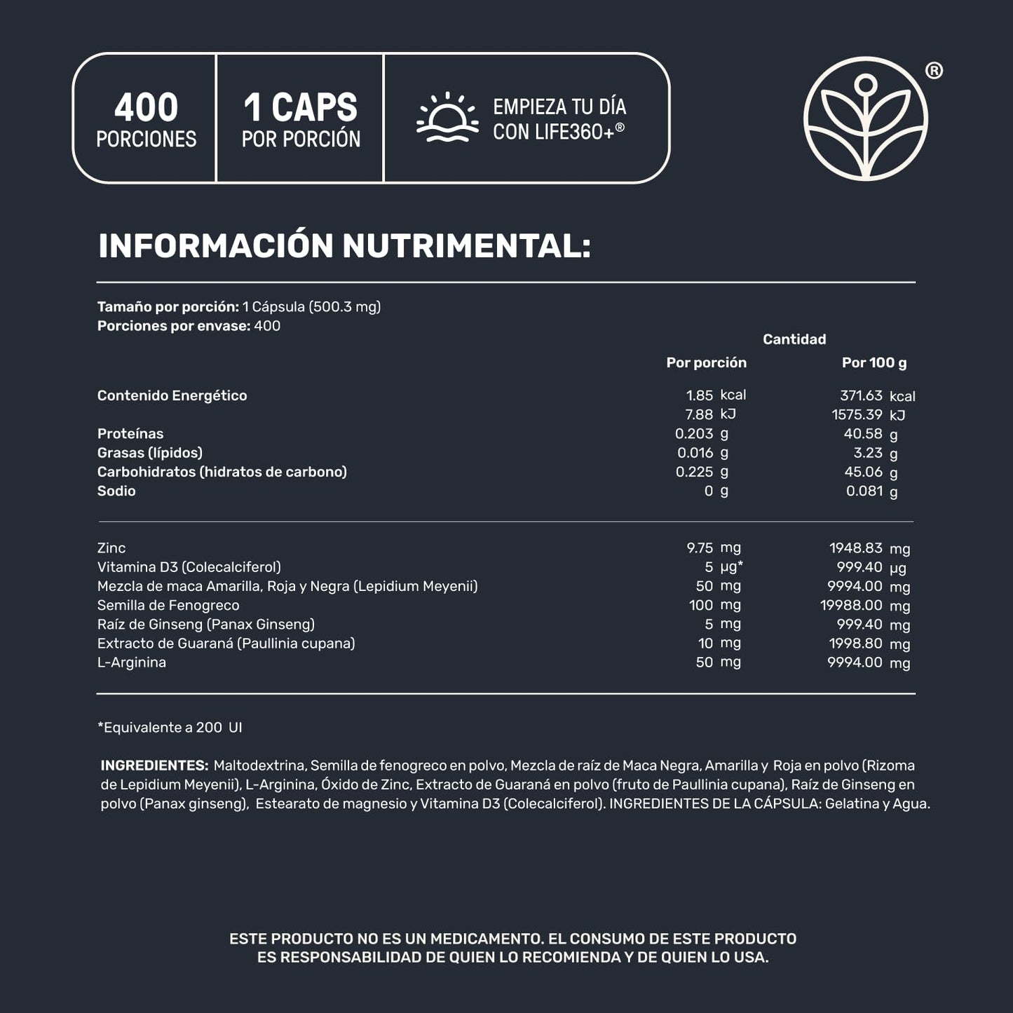 LIFE 360+ Mens Testo | 400 Cápsulas por envase | Fenogreco, Maca Negra, Maca Roja y Amarilla, L-Arginina, Zinc, Vitamina D, Magnesio, Ginseng y Guaraná | Suplemento Alimenticio 1 cápsula por porción