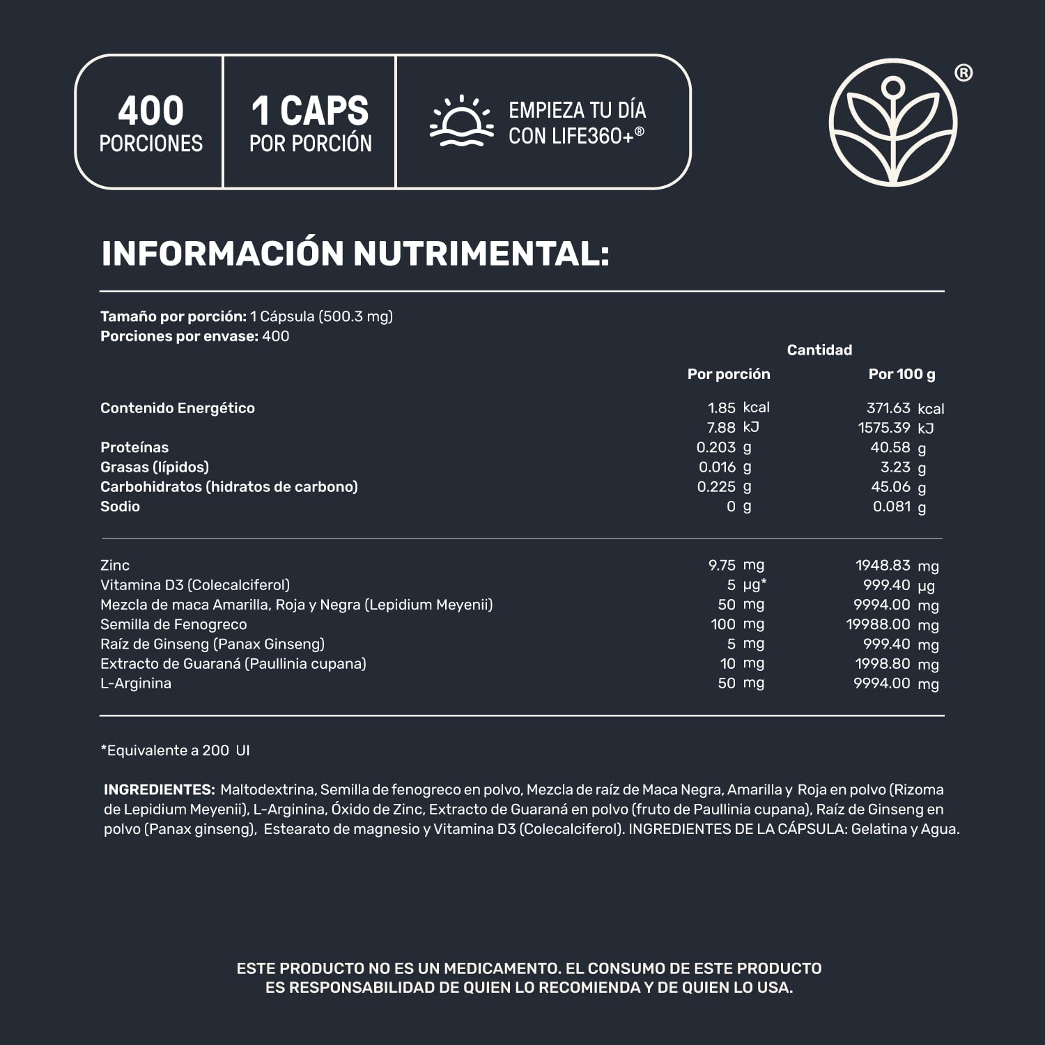 LIFE 360+ Mens Testo | 400 Cápsulas por envase | Fenogreco, Maca Negra, Maca Roja y Amarilla, L-Arginina, Zinc, Vitamina D, Magnesio, Ginseng y Guaraná | Suplemento Alimenticio 1 cápsula por porción