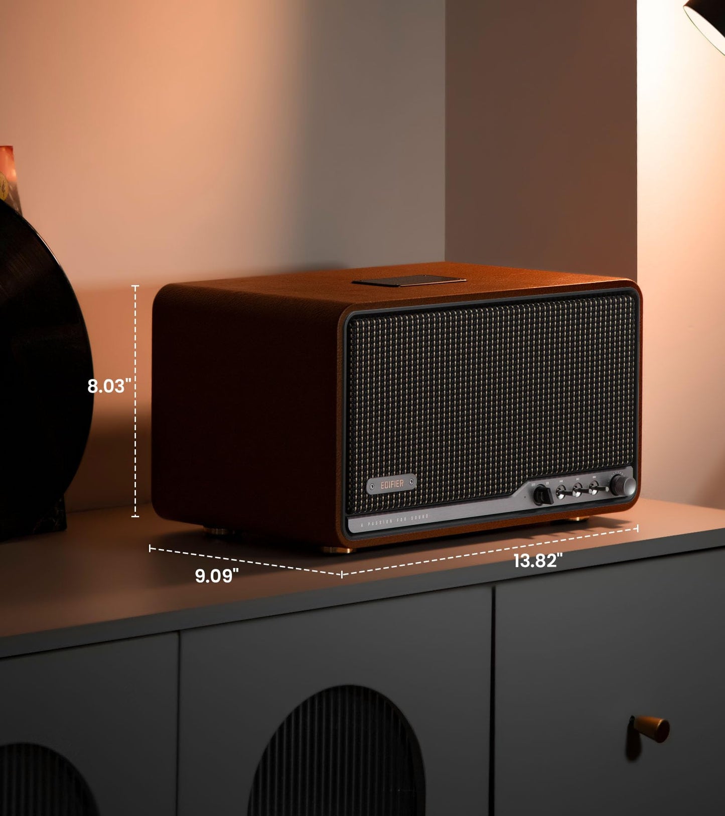 Edifier S300 Altavoz Retro de Mesa, Audio Hi-Res con Cable y Inalámbrico, Potencia 80W (RMS), Bluetooth 5.4 Multipunto, WiFi Multihabitación (AirPlay 2), Entradas AUX y USB-C, Marrón