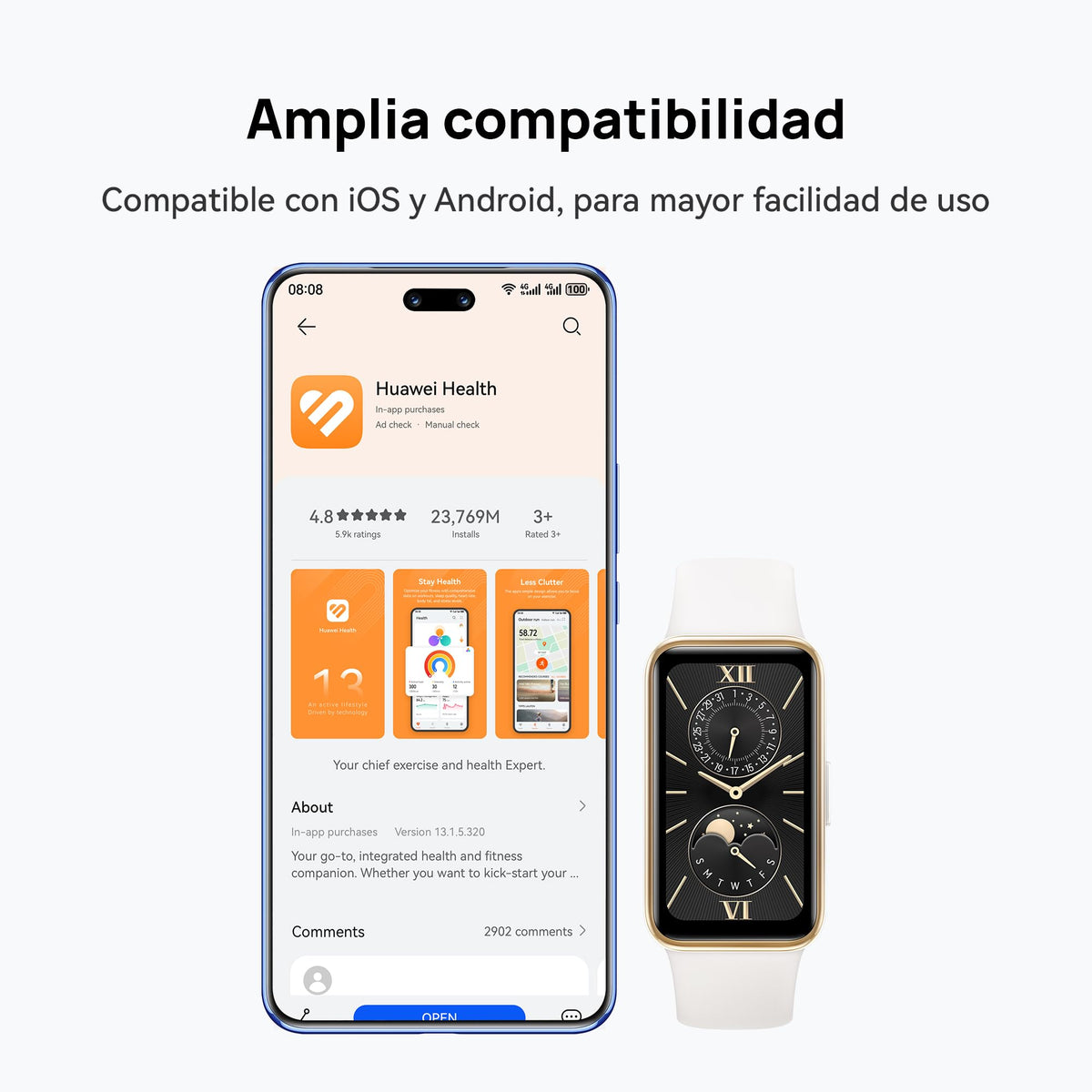 Banda Inteligente Huawei Rosa AMOLED Ajuste Automático de Brillo de Larga Duración