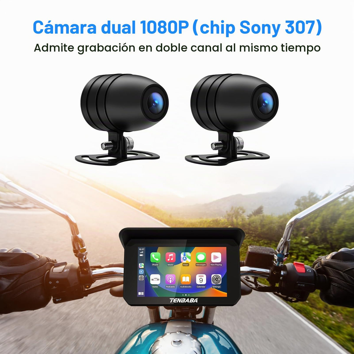 Cámara Tenbaba Negra con CarPlay y Android Auto para Motocicleta