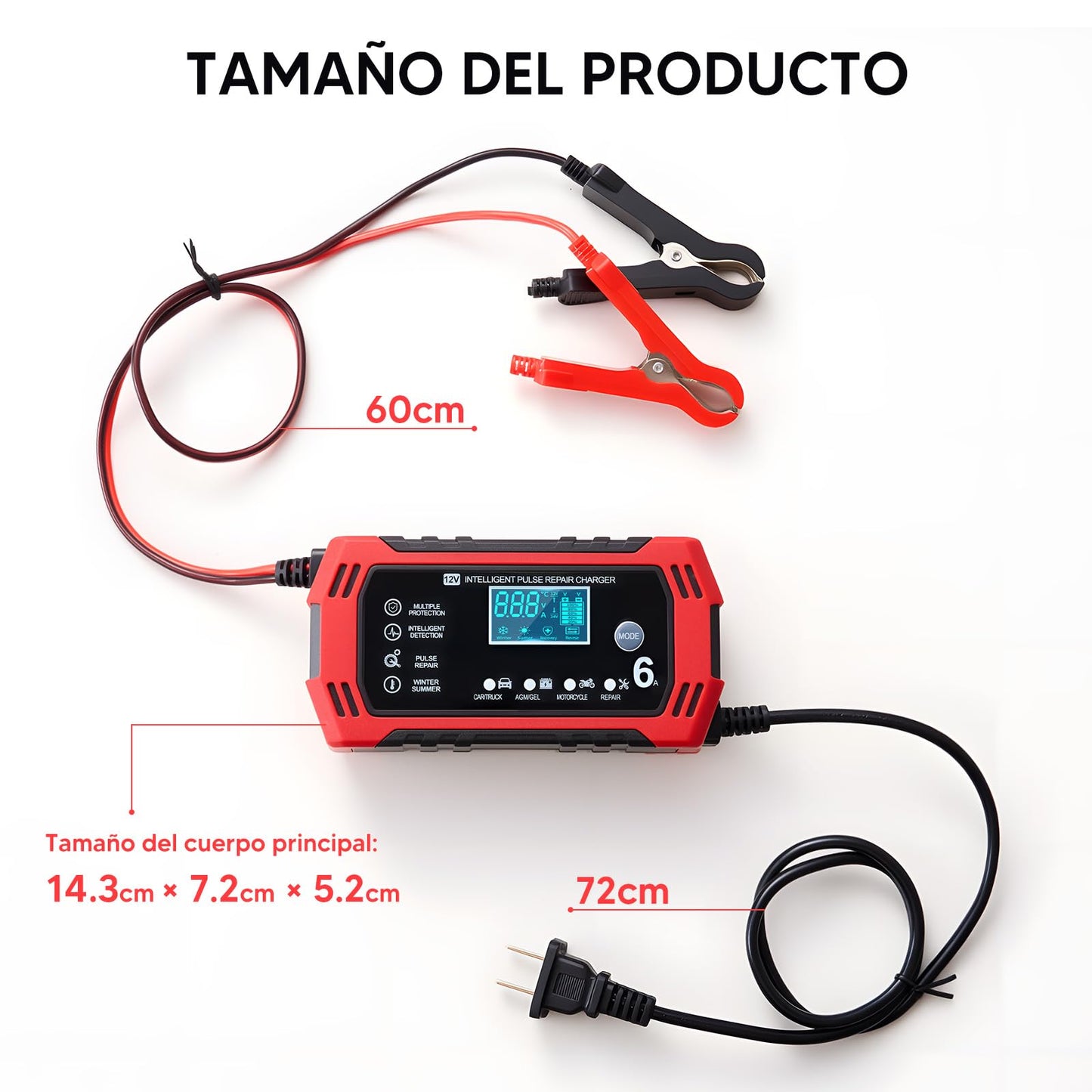 HUSEYTA Cargador de Bateria de Auto 12V 6A,Adecuado para Coches, Motos y SUV,con LCD Pantalla Pantalla,Múltiples Protecciones, Regulación de Corriente Inteligente para Cargar y Proteger la batería.