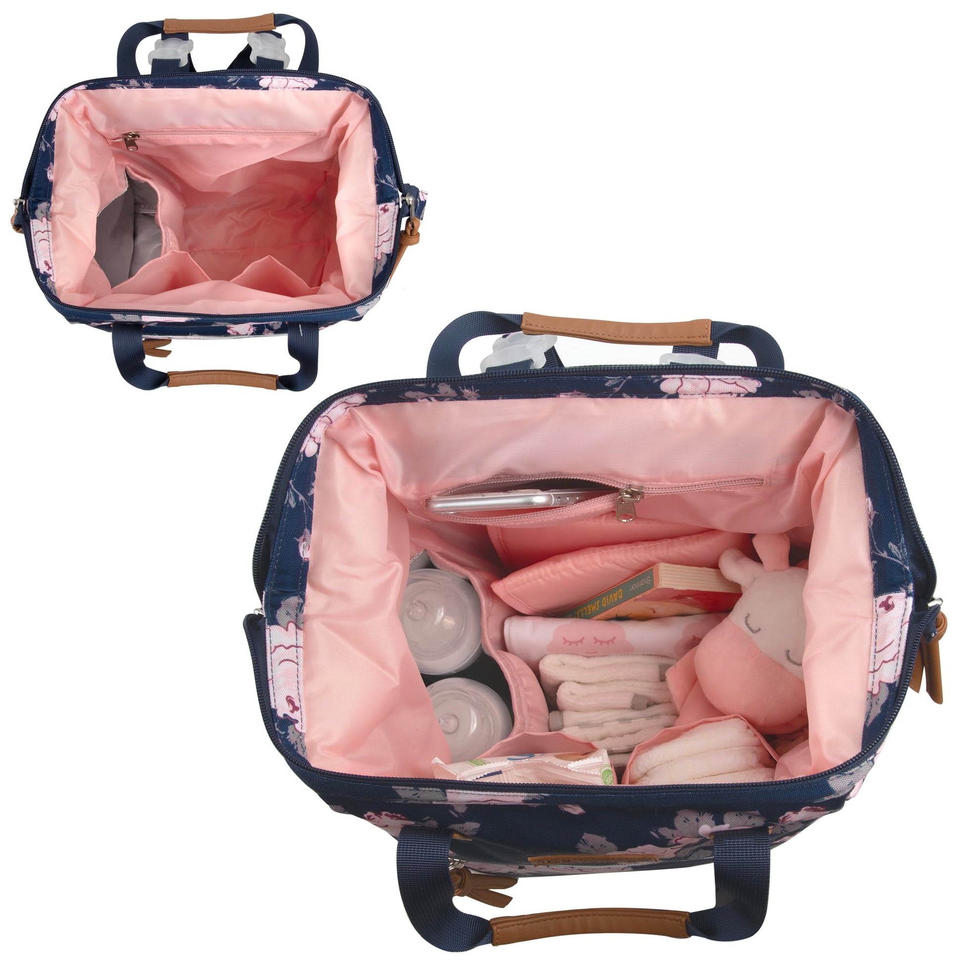 Baby Essentials - Mochila para pañales – Gran capacidad, compartimento aislado súper refrigerante, diseño de marco principal con cambiador y correas para carriola, Azul Marino Floral, Mediano, Mochila