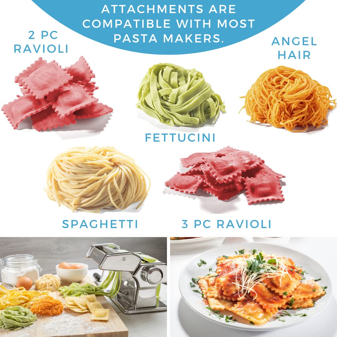 CucinaPro - Juego de accesorios para hacer pasta, 5 accesorios diferentes (espaguetis, pelo de ángel, rodillos fettuccini, cortador raviolis 2 y 3 piezas), acero chapado en cromo