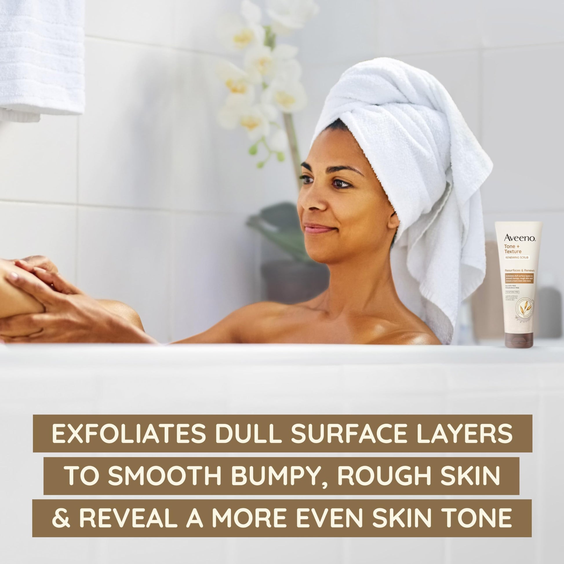 Aveeno Tone + Texture Renewing Body Scrub, Exfoliating Body Wash to Reveal Smoother Skin and a More Even Skin Tone, Prebiotic Oat Formula for Sensitive Skin, Fragrance-Free, 8 oz