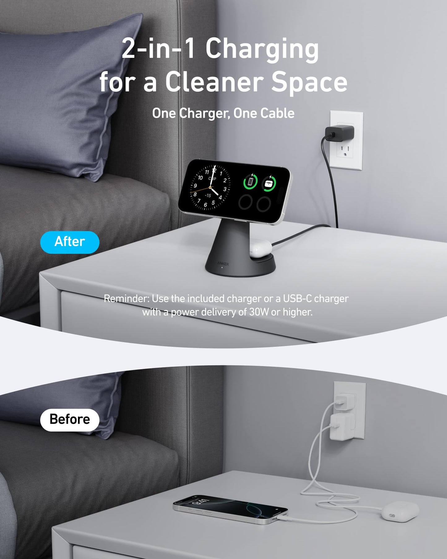 Anker Estación de Carga Inalámbrica 15W, Soporte 2 en 1, Carga Rápida Qi2, Sistema de Carga Dual, Conexión Magnética Segura, Ángulos Ajustables, Diseño Elegante para iPhone 15 Pro y Auriculares TWS