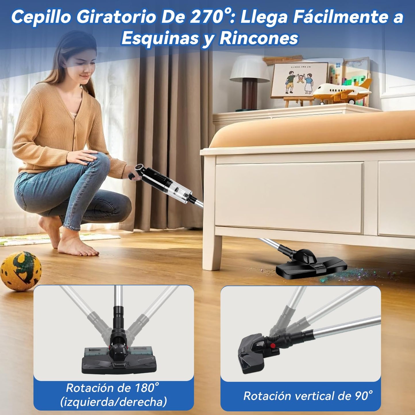 Aspiradora Inalámbrica,15000Pa Aspiradora Vertical 5 en 1 con Depósito de Agua,Filtro HEPA,Aspiradora de Mano con Luz LED,Batería de 3*2000 mAh,Apta para Todo Tipo de Suelos,Pelos de Mascotas,Sofá