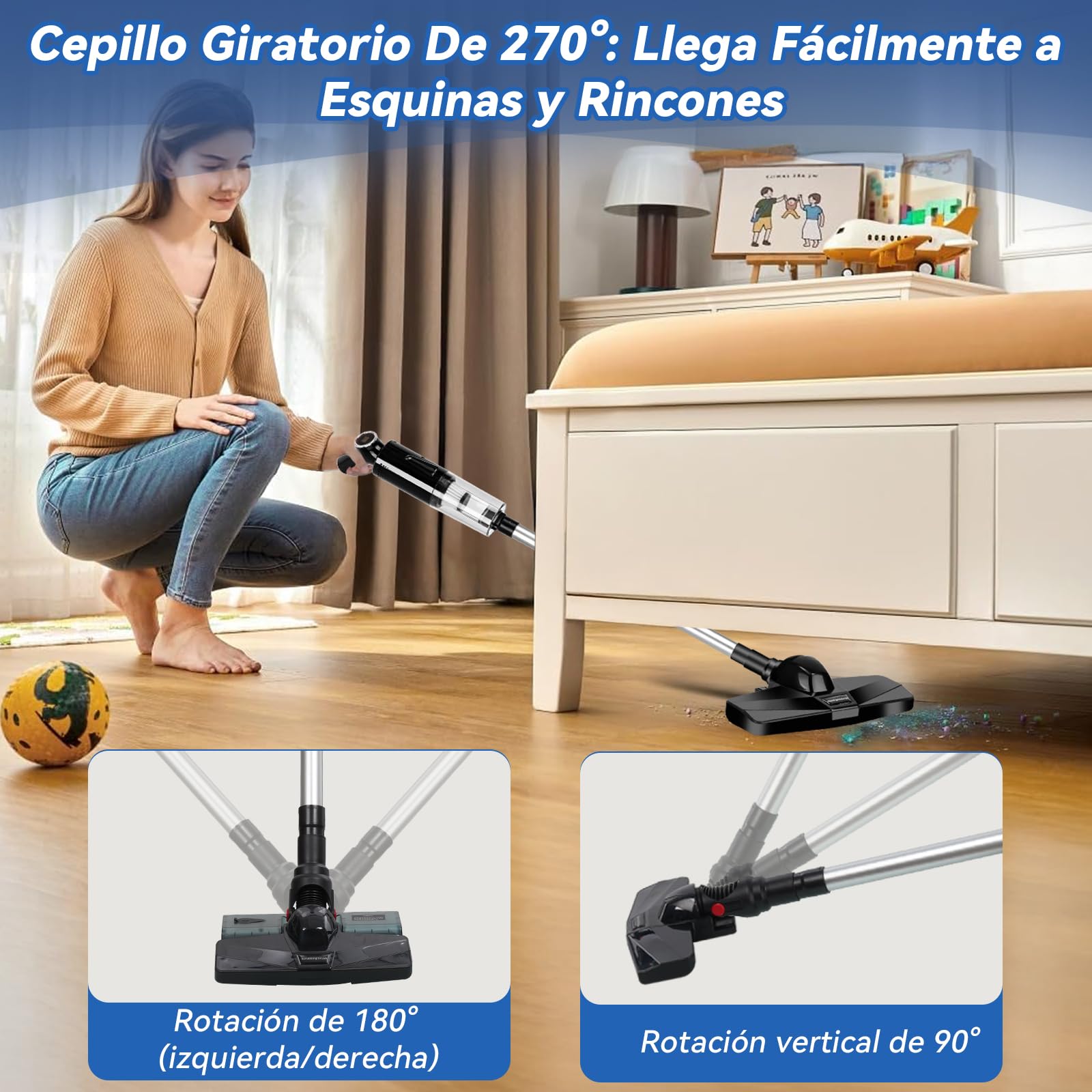 Aspiradora Inalámbrica,15000Pa Aspiradora Vertical 5 en 1 con Depósito de Agua,Filtro HEPA,Aspiradora de Mano con Luz LED,Batería de 3*2000 mAh,Apta para Todo Tipo de Suelos,Pelos de Mascotas,Sofá