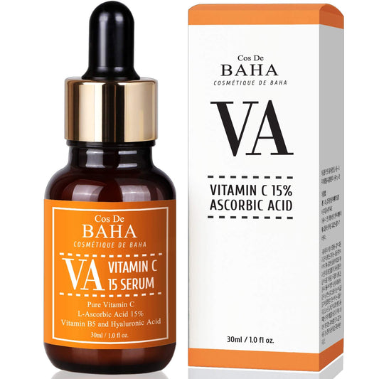 Suero facial de vitamina C con ácido L-ascórbico al 15% con vitamina B5 – para manchas de edad decoloradas, alisar líneas finas + manchas oscuras, refinación de poros, rejuvenecimiento, 1 fl oz (30 ml)