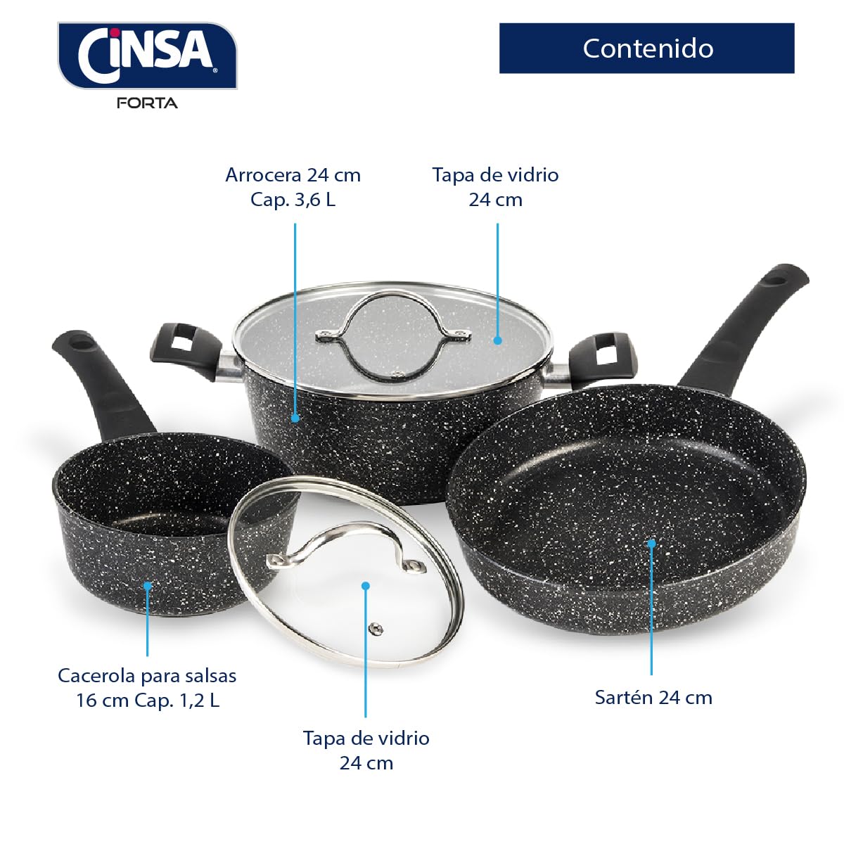 Cinsa Bateria de cocina Forta Roca 5 piezas de Aluminio Forjado (Bateria 5 piezas)