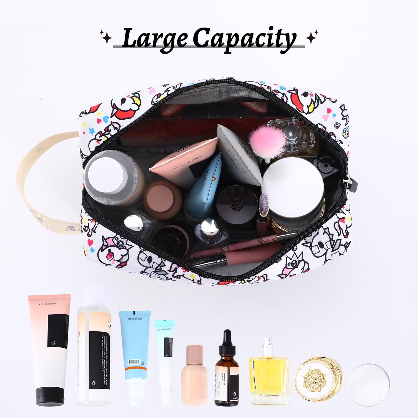 Tokidoki Unicorno Bolsa de maquillaje de viaje para mujer, bonita bolsa de cosméticos de gran capacidad, bolsa de artículos de cambiador portátil de dibujos animados para viajes, trabajo, oficina