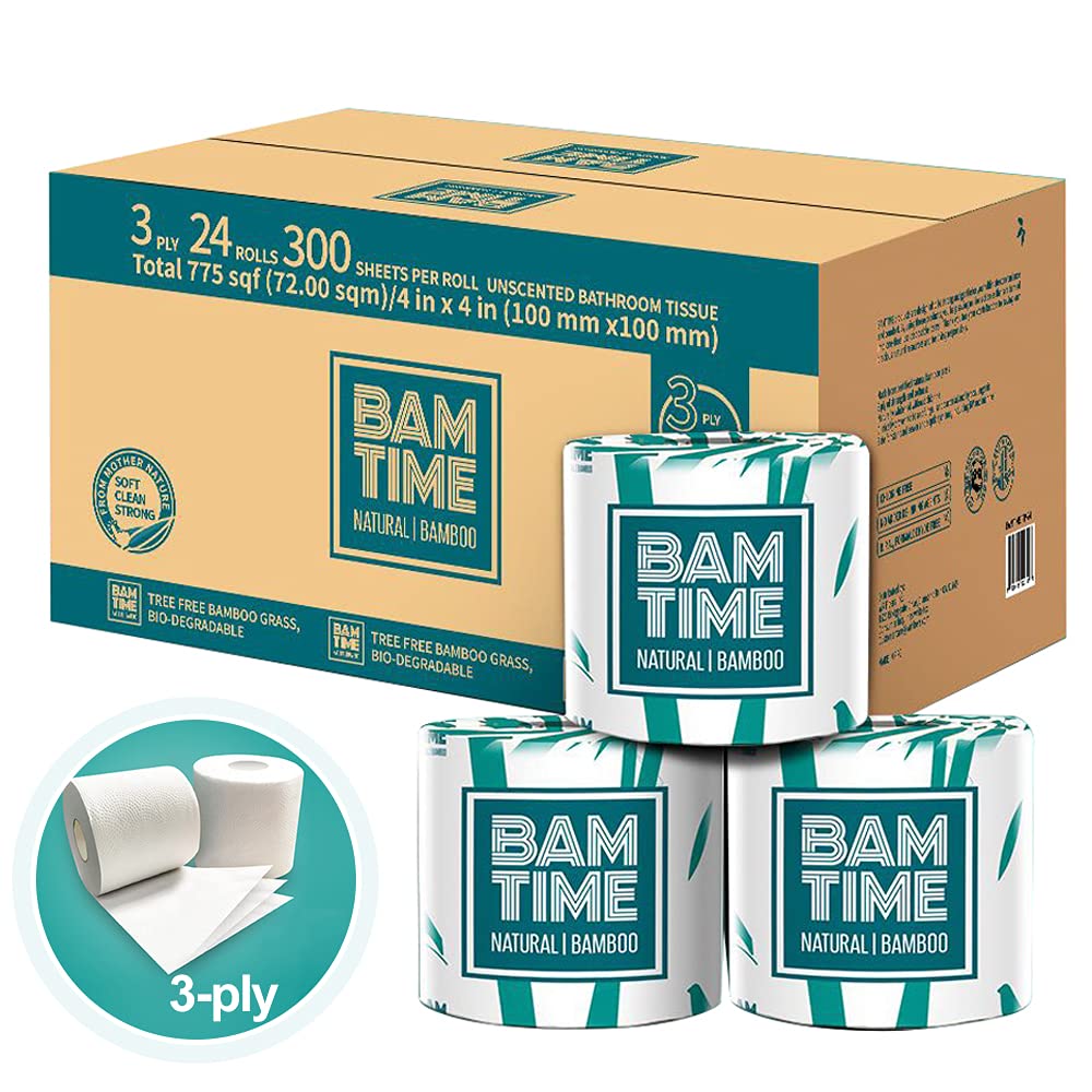 Papel Higiénico BAMTIME Bambú Acolchado 3 Capas, 24 Rollos para Camping y Caravanas
