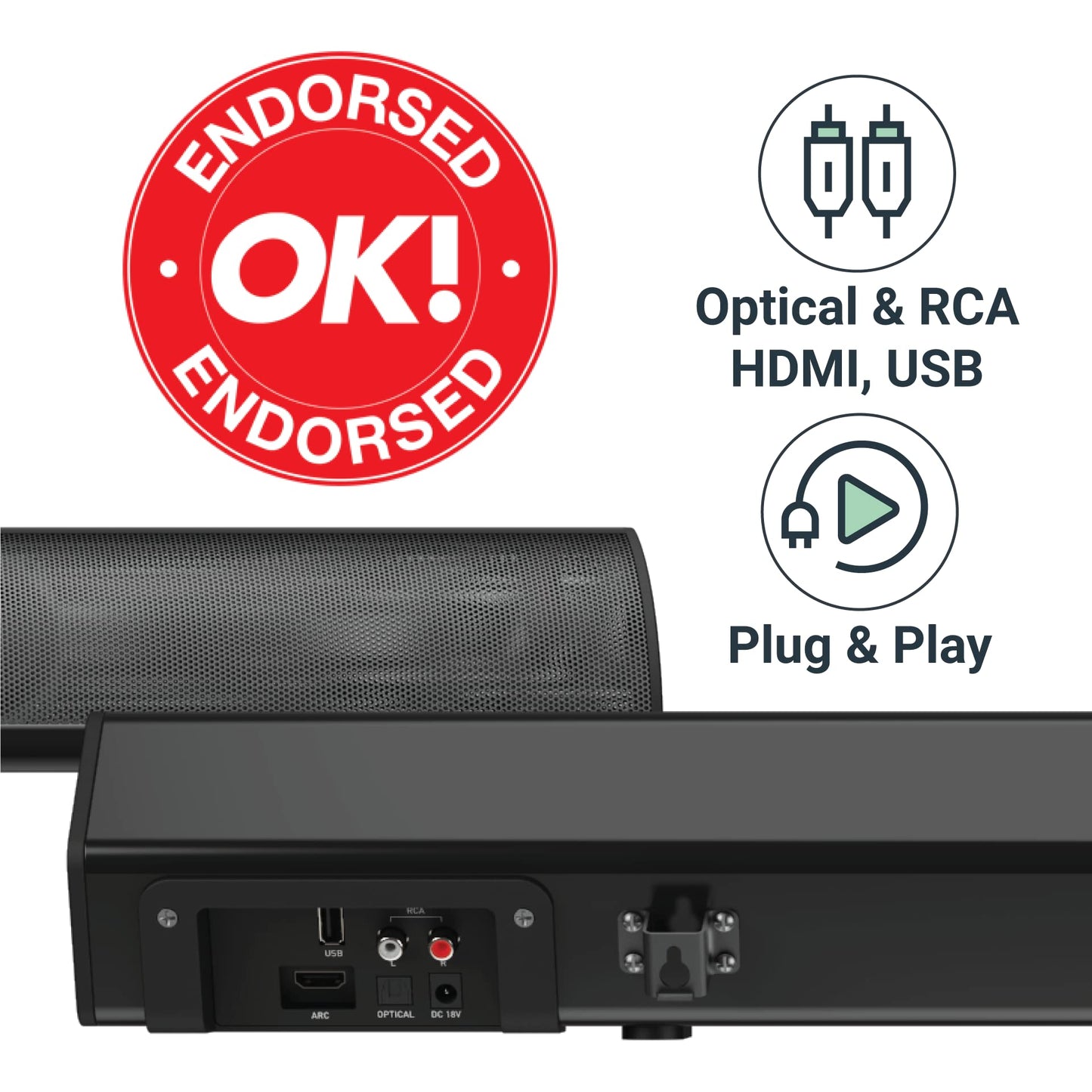 Majority - Potente barra de sonido estéreo de 120 W para TV, sonido de 2.1 canales, barra de sonido 3D de cine en casa con subwoofer incorporado | HDMI ARC, Bluetooth, óptico, RCA, USB y reproducción
