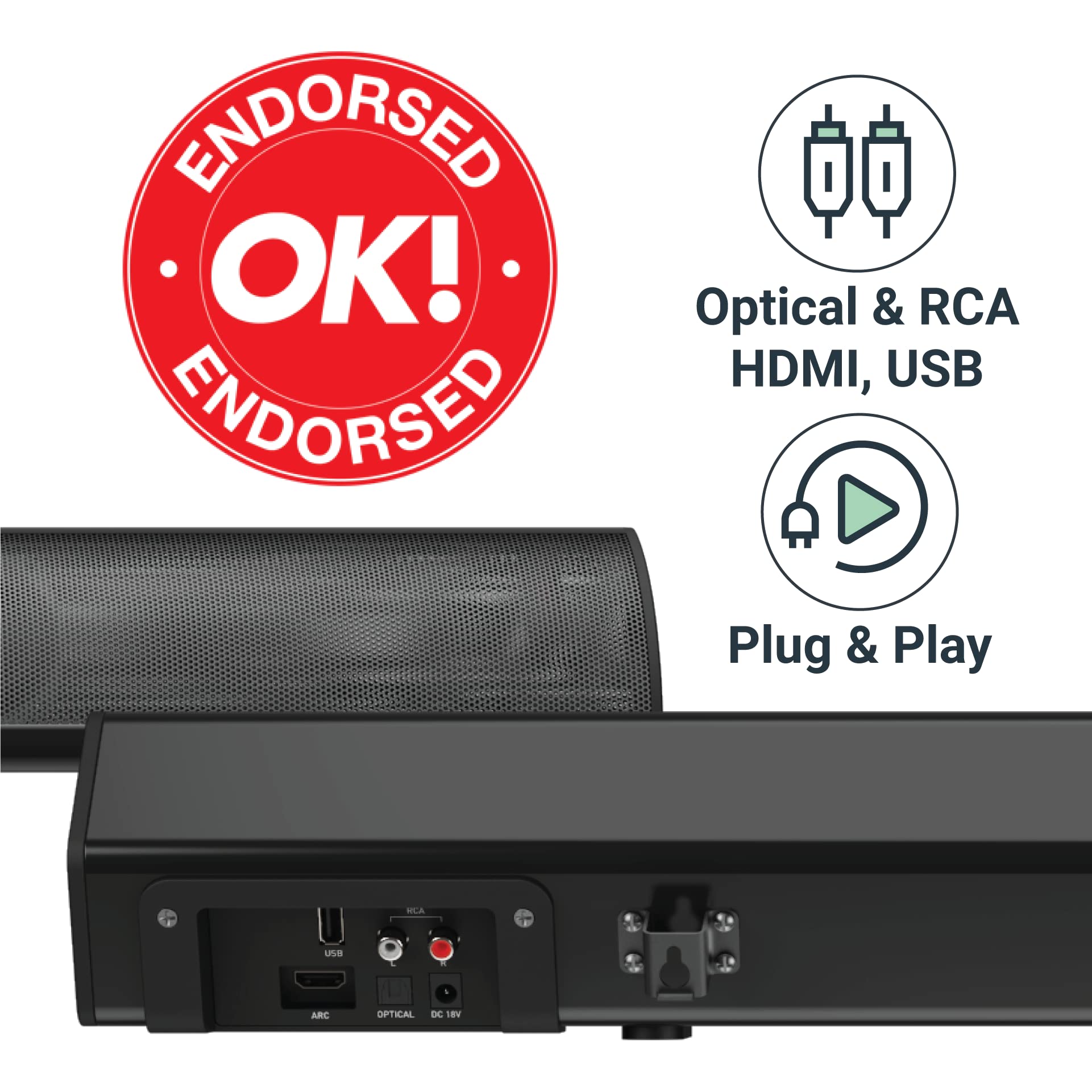 Majority - Potente barra de sonido estéreo de 120 W para TV, sonido de 2.1 canales, barra de sonido 3D de cine en casa con subwoofer incorporado | HDMI ARC, Bluetooth, óptico, RCA, USB y reproducción