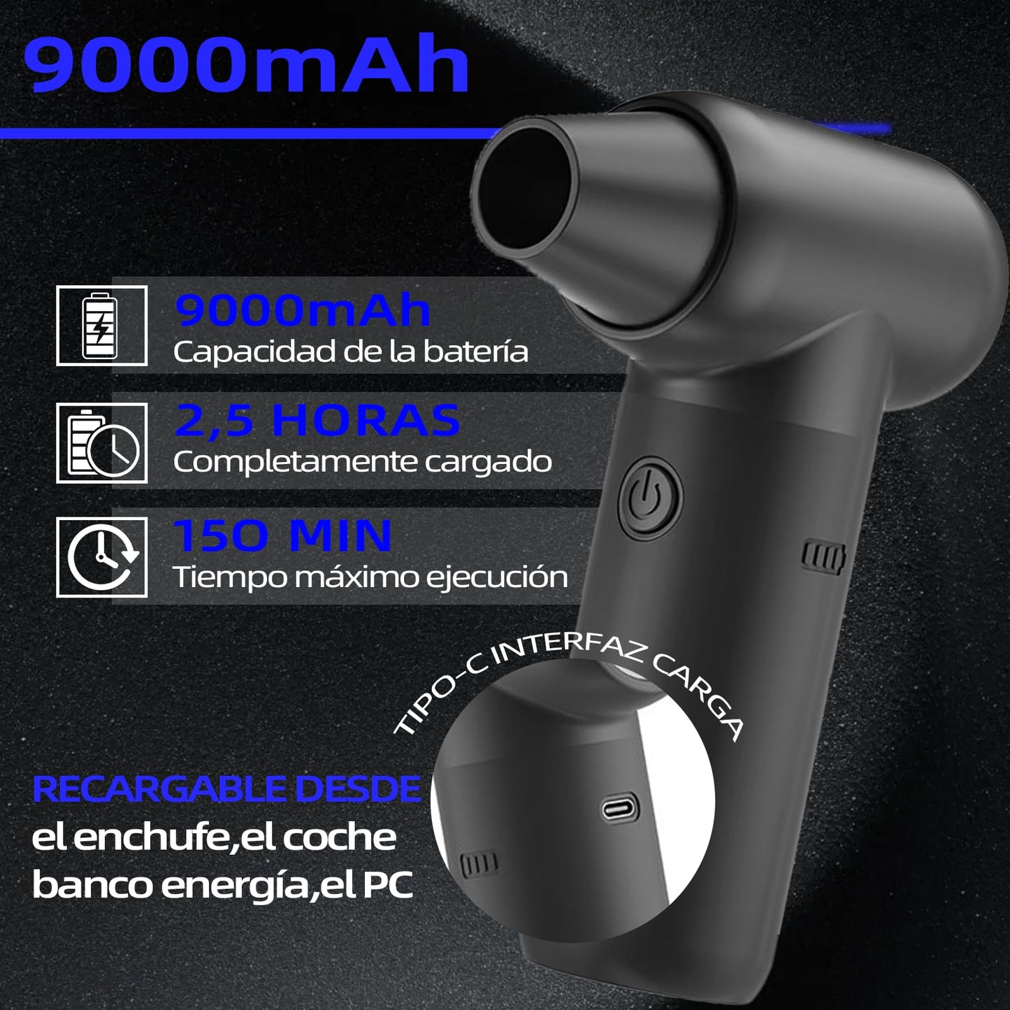Plumero Aire Comprimido UTJCNVC 180000 RPM potente inalámbrico 9000 mAh para Automóvil hogar y limpieza de teclado y PC