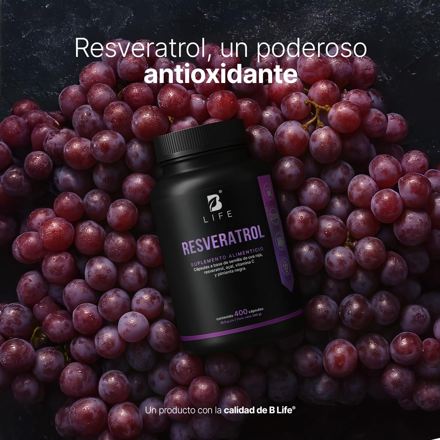 B Life Resveratrol | Antioxidante de 1000 mg por porción | 400 Cápsulas | Pimienta negra, Uva Roja, Acai y Vitamina C | Ingredientes Naturales | Resveratrol.