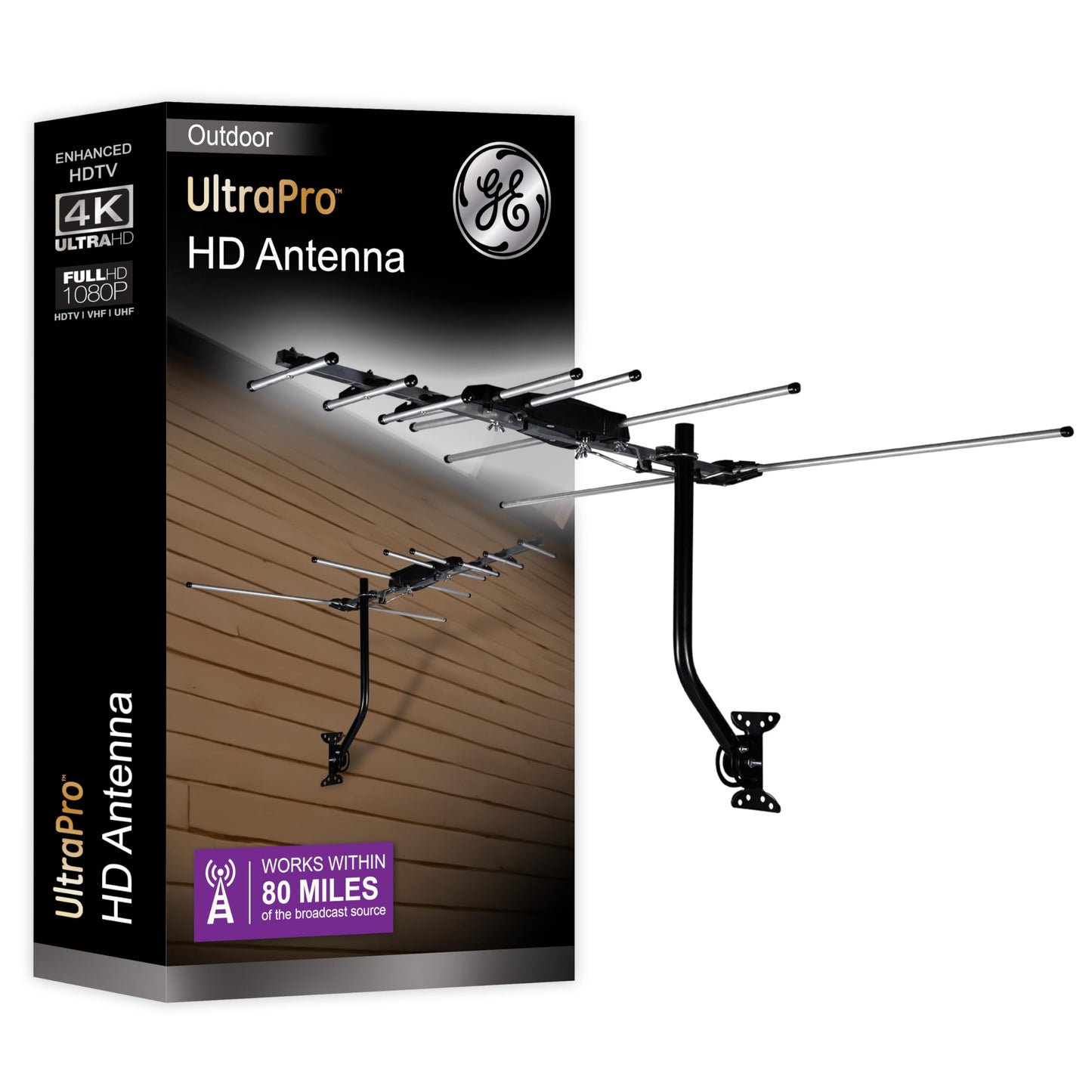 GE Outdoor HD Antena de TV Digital, Antena OTA HDTV de Largo Alcance, diseño Estilo Yagi, soporta 4K 1080P HD Smart TV VHF UHF, Montaje J Incluido para ático o Exterior, Resistente a la Intemperie,