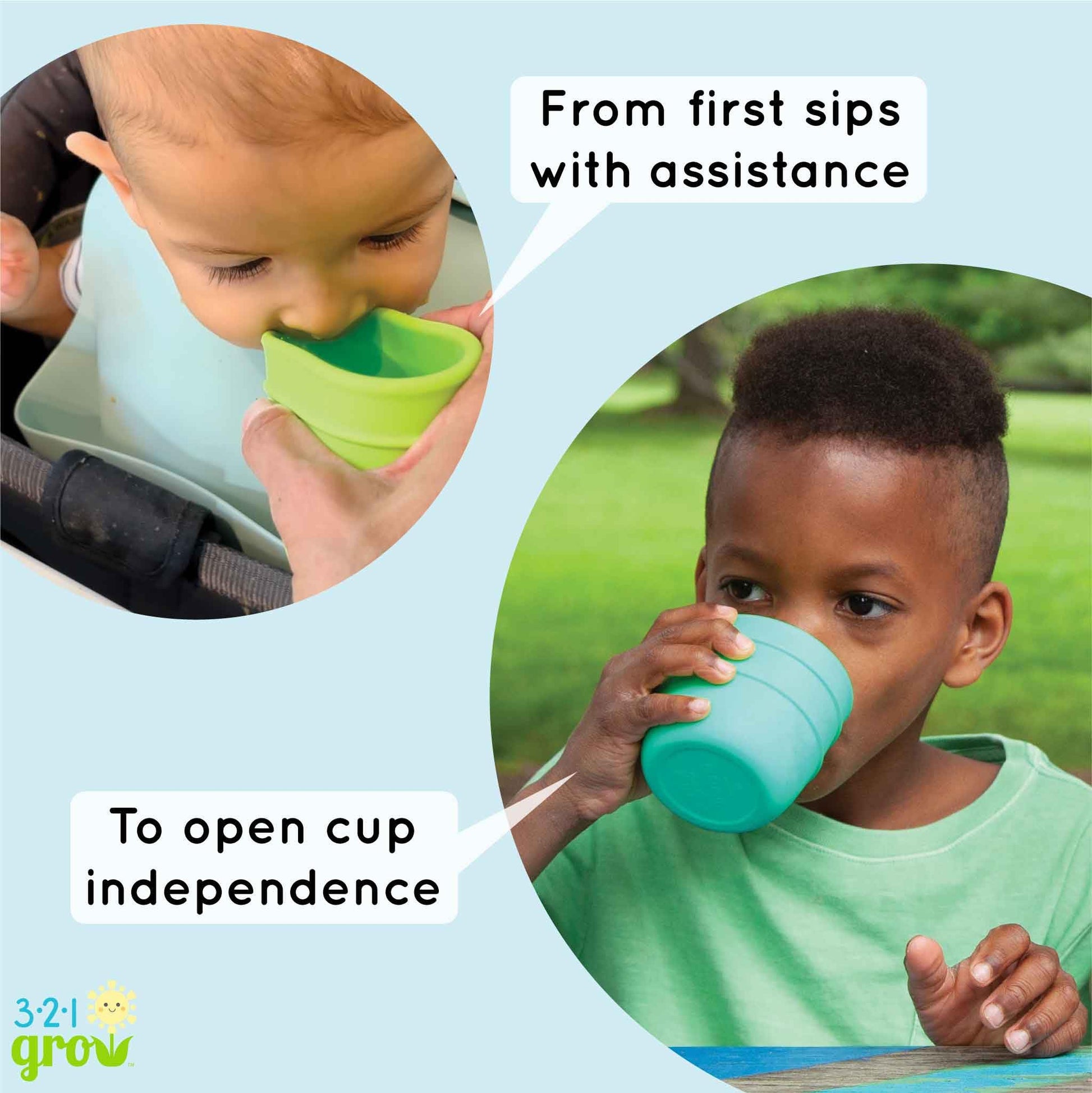 321 Grow • Juego de tazas Drink with Me • Taza abierta de silicona para bebés, niños pequeños • 6 meses • 8 onzas • Apto para lavaplatos y microondas • Juego de 2 tazas (sandía)