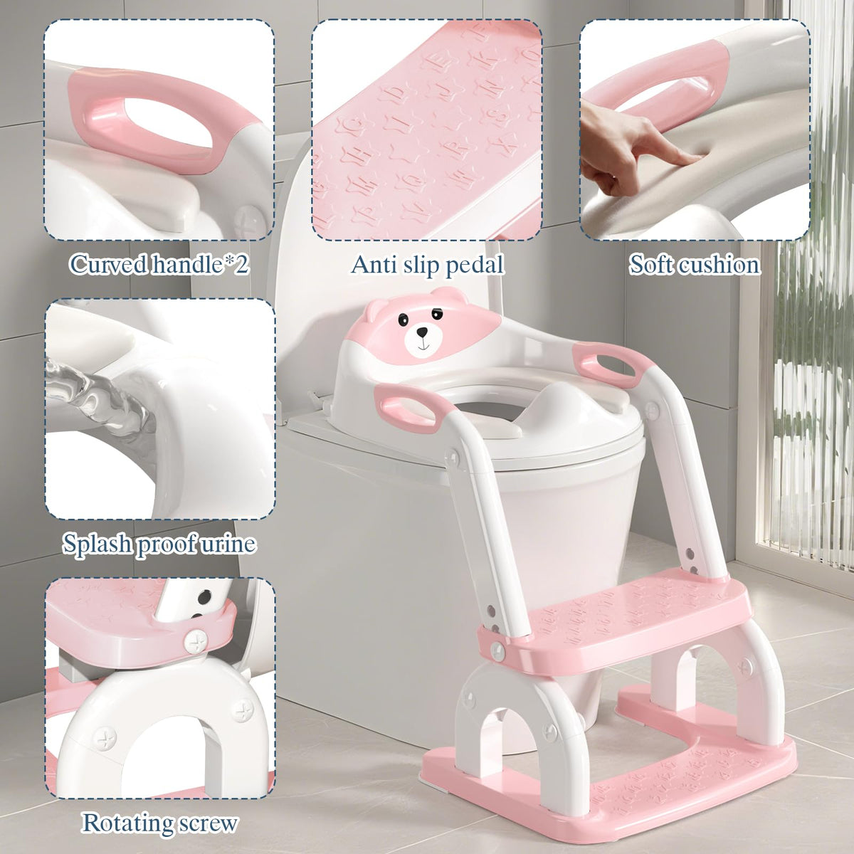 CUXFLS - Asiento de entrenamiento para niños pequeños, altura ajustable 2 en 1, escalera de inodoro para niños y niñas, con protector contra salpicaduras, cojín impermeable, almohadilla antideslizante