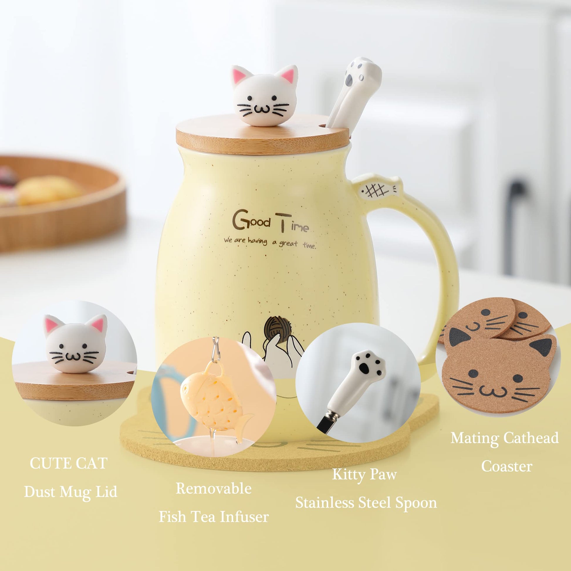 BigNoseDeer - Taza de té con infusor y tapa, taza de café de cerámica para gatos kawaii, taza de té, lindas cosas preparadas para gatos, regalos de cumpleaños, lindos regalos para mujeres y niñas (13