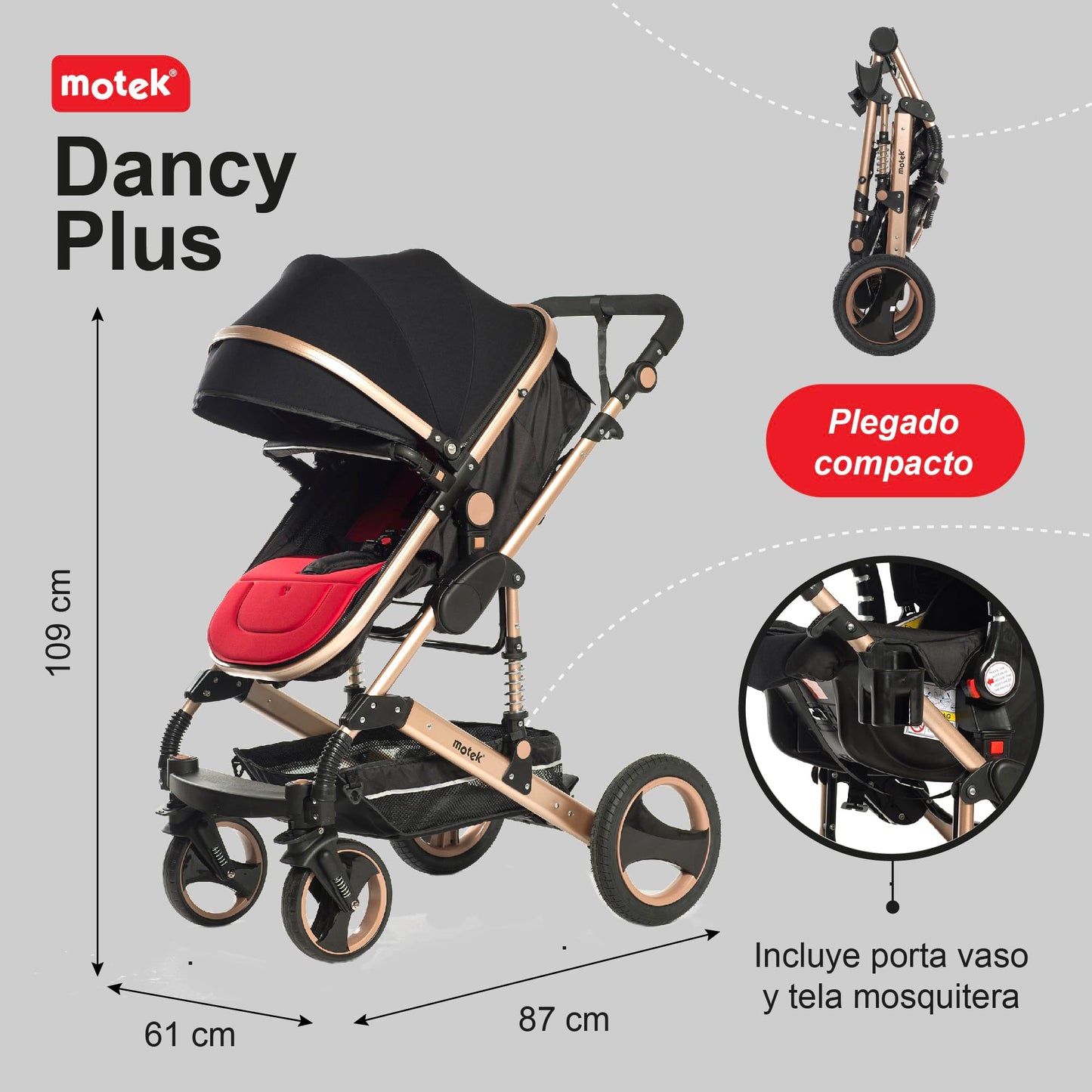 Carriola Bebe Motek Dan Plus 3 en 1 Portabebe Aluminio Dorado