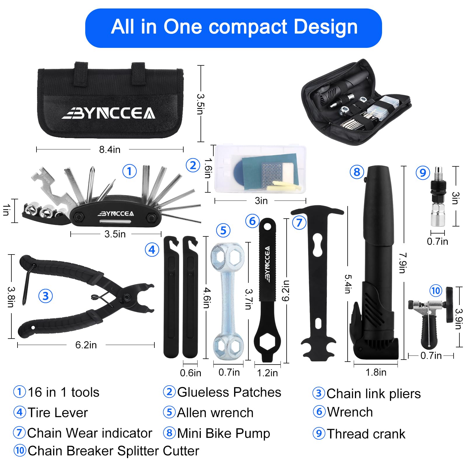 Bynccea - Kit de herramientas de reparación de neumáticos de bicicleta con bomba de neumáticos, bolsa de reparación portátil de bicicleta, herramientas de reparación de parches de palanca de