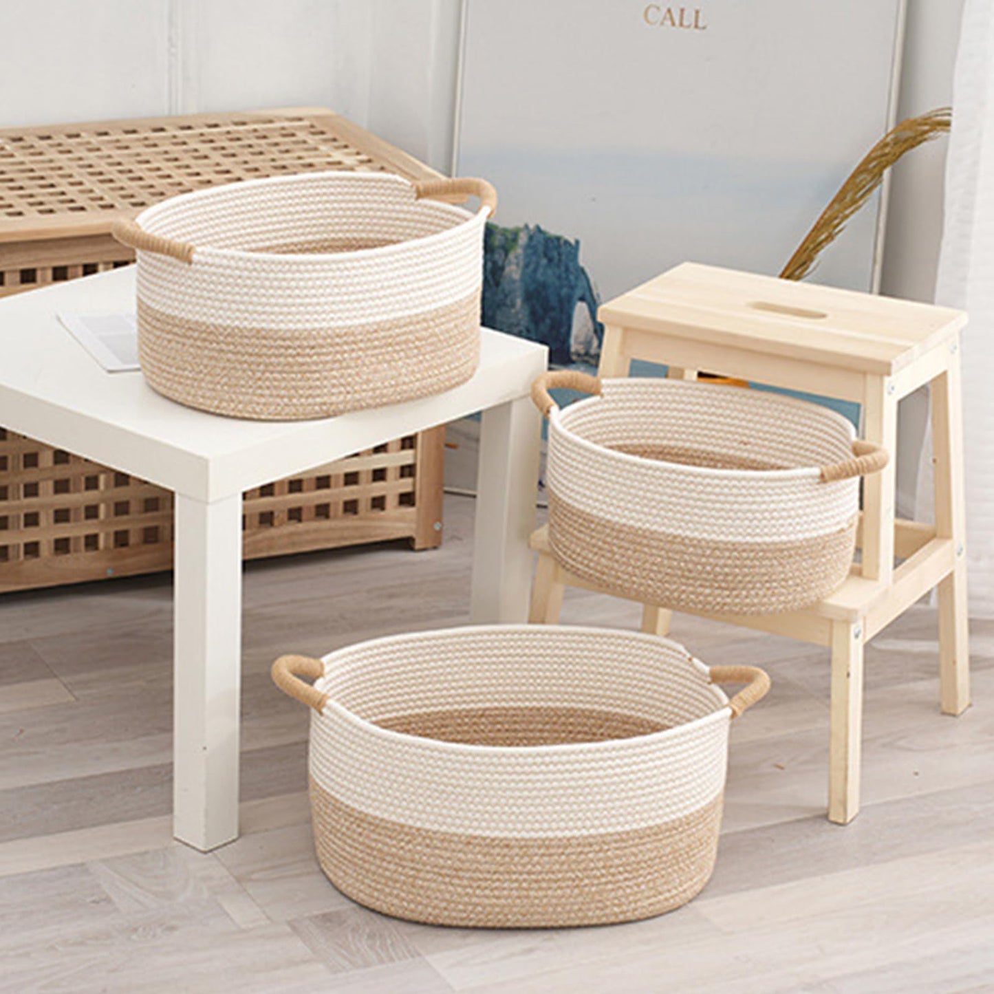3 Canastas Organizadoras de Cuerda de Algodón Natural con Asas, Cestas Tejidas Multiusos para Ropa, Juguetes y Baño, Juego de 3 Tamaños, Decorativas para Dormitorio y Guardería (Caqui y Blanco)