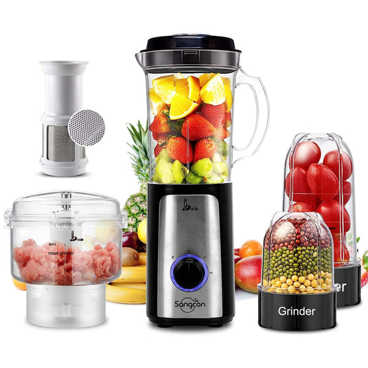 Combo Licuadora y Procesador de Alimentos Sangcon 5 en 1 Eléctrica Alta Velocidad 350 W 2 Velocidades Pulso Blanco para Cocina
