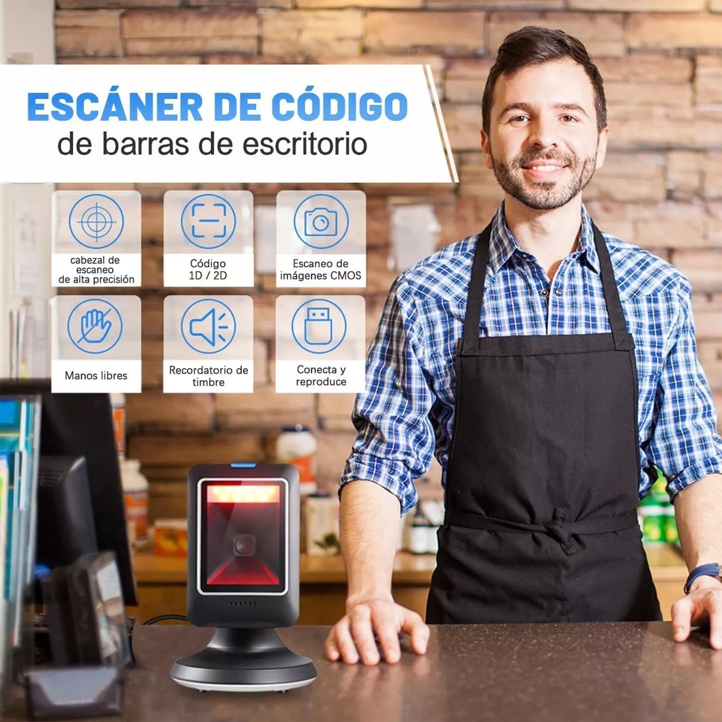 Escáner de Código de Barras de Escritorio 1D 2D QR, Lector de Código de Barras con Cable USB, Scanner Código de Barras Detección Automática de Imagen para Supermercado, Biblioteca, Tienda minorist