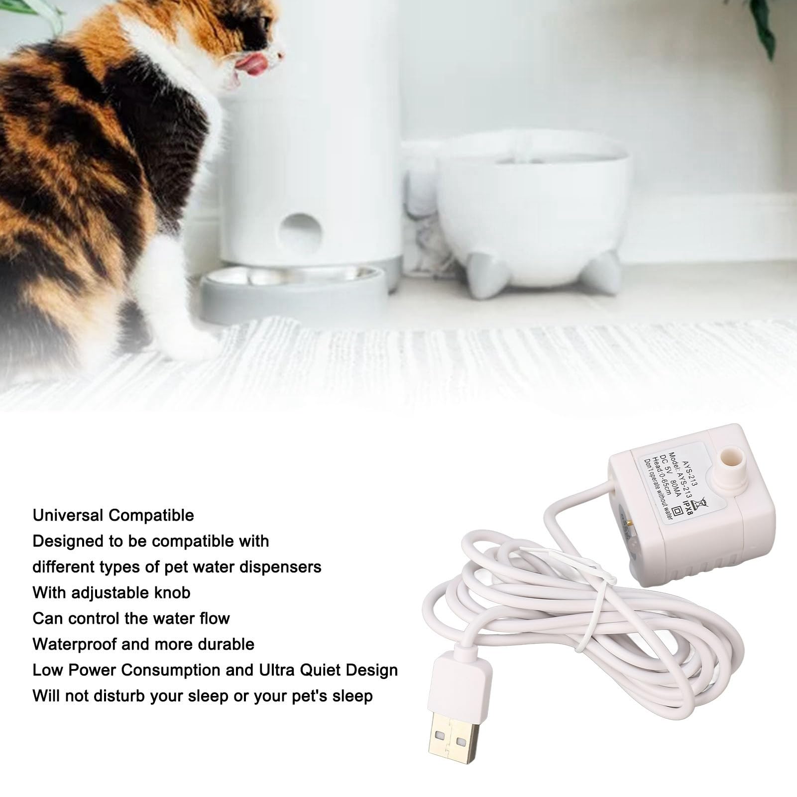 Bomba de Agua para Mascotas Denash, Fuente de Agua para Gatos, Bomba de Agua Extraíble Alimentada por USB, Flujo Ajustable de 5V,