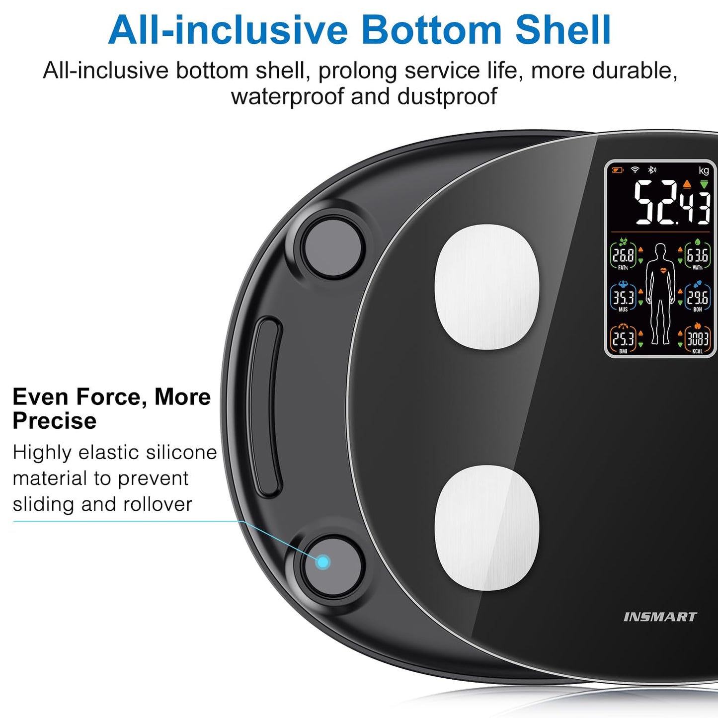 INSMART Báscula de grasa corporal para personas digital con aplicación, báscula Bluetooth para frecuencia cardíaca, grasa corporal, IMC, peso, masa muscular, agua, proteínas, músculos esqueléticos