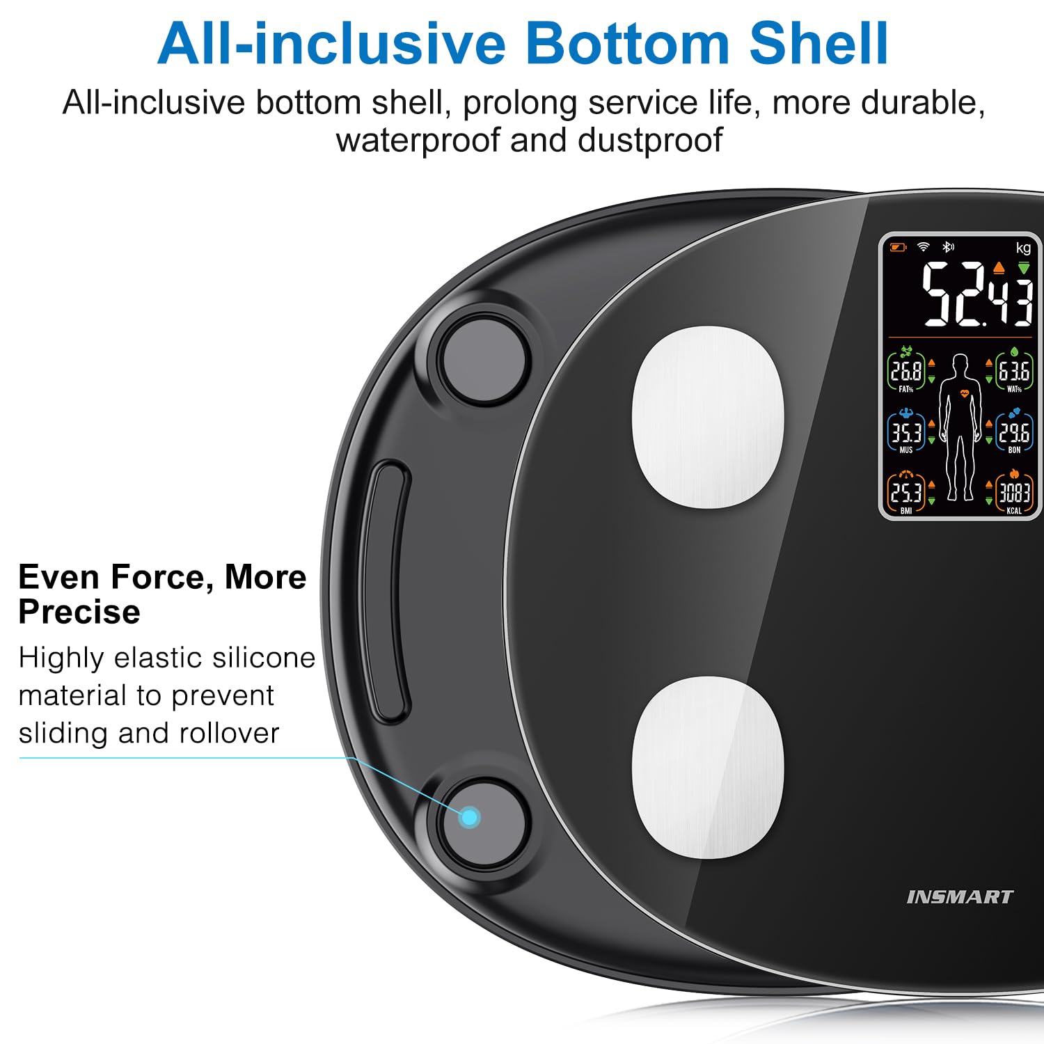 INSMART Báscula de grasa corporal para personas digital con aplicación, báscula Bluetooth para frecuencia cardíaca, grasa corporal, IMC, peso, masa muscular, agua, proteínas, músculos esqueléticos