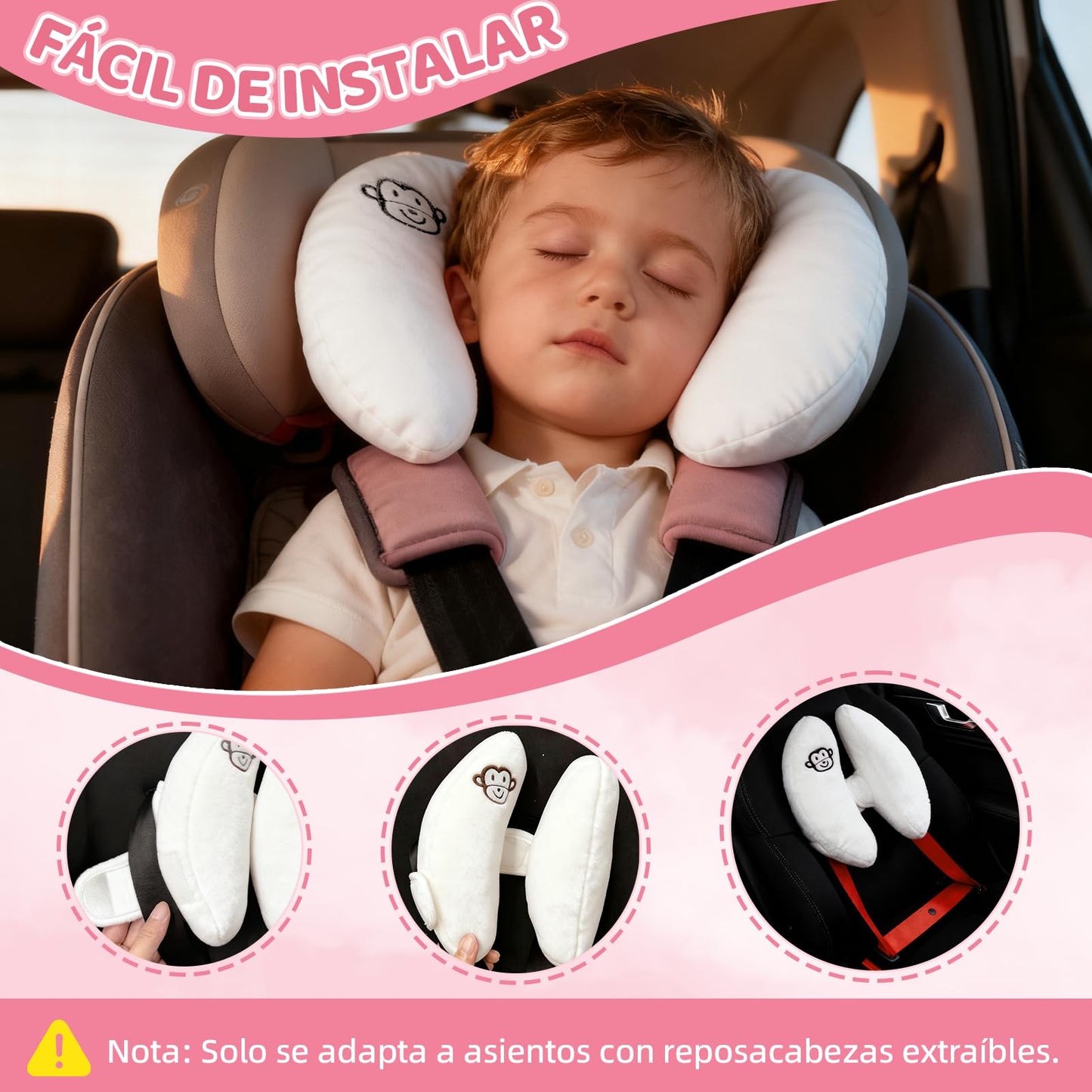 REKOBON Reposacabezas de Viaje Ajustable para Bebés, Paquete de 2, Blanco