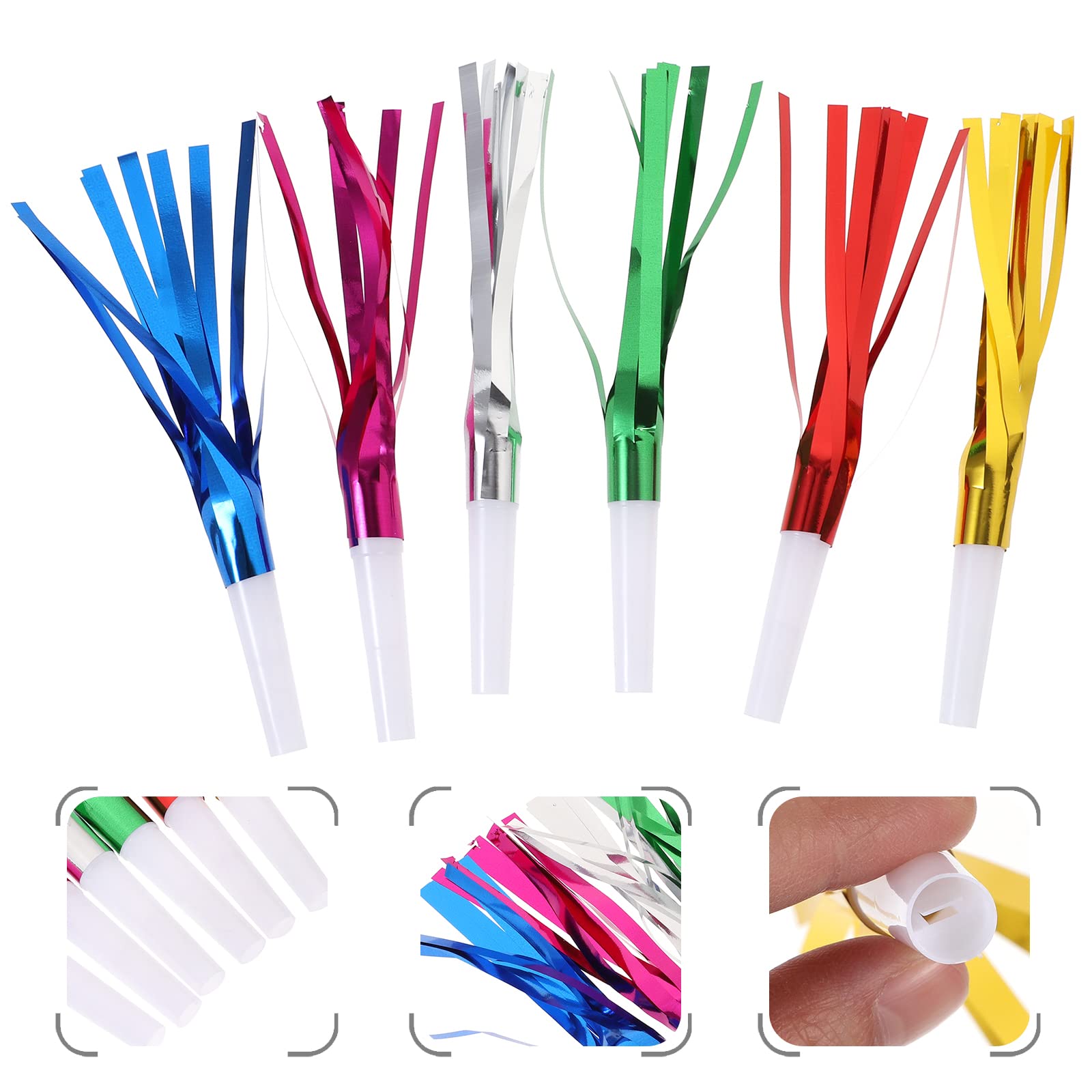 jojofuny 24 juguetes para hacer ruidos, sopladores de fiesta coloridos, silbatos metálicos con flecos de purpurina, fabricantes de ruido, juguetes de de cumpleaños (color mezclado)