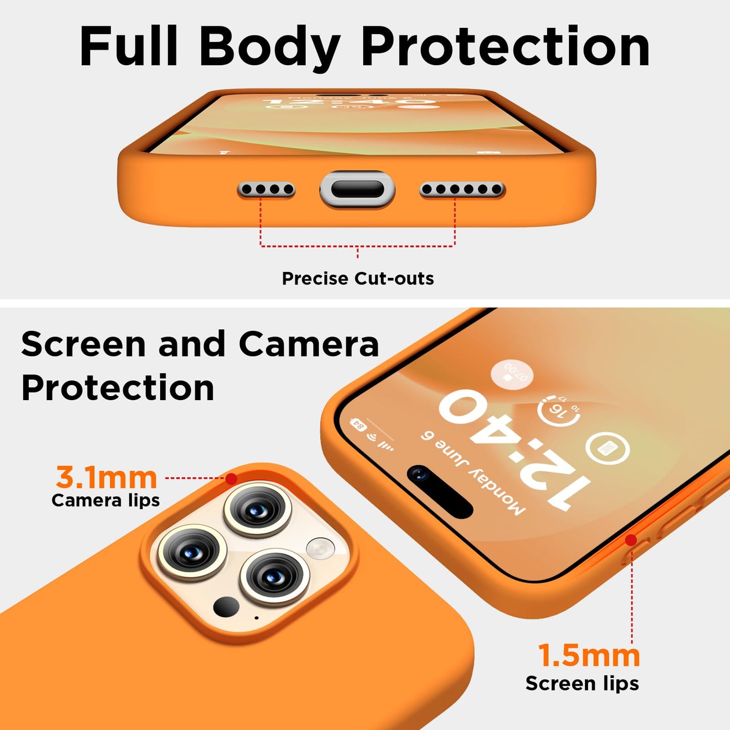 COFFKER - Funda compatible con iPhone 15 Pro, funda de silicona líquida, cuerpo completo, a prueba de golpes, funda delgada y delgada con forro de microfibra suave antiarañazos, 6.1 pulgadas, color naranja