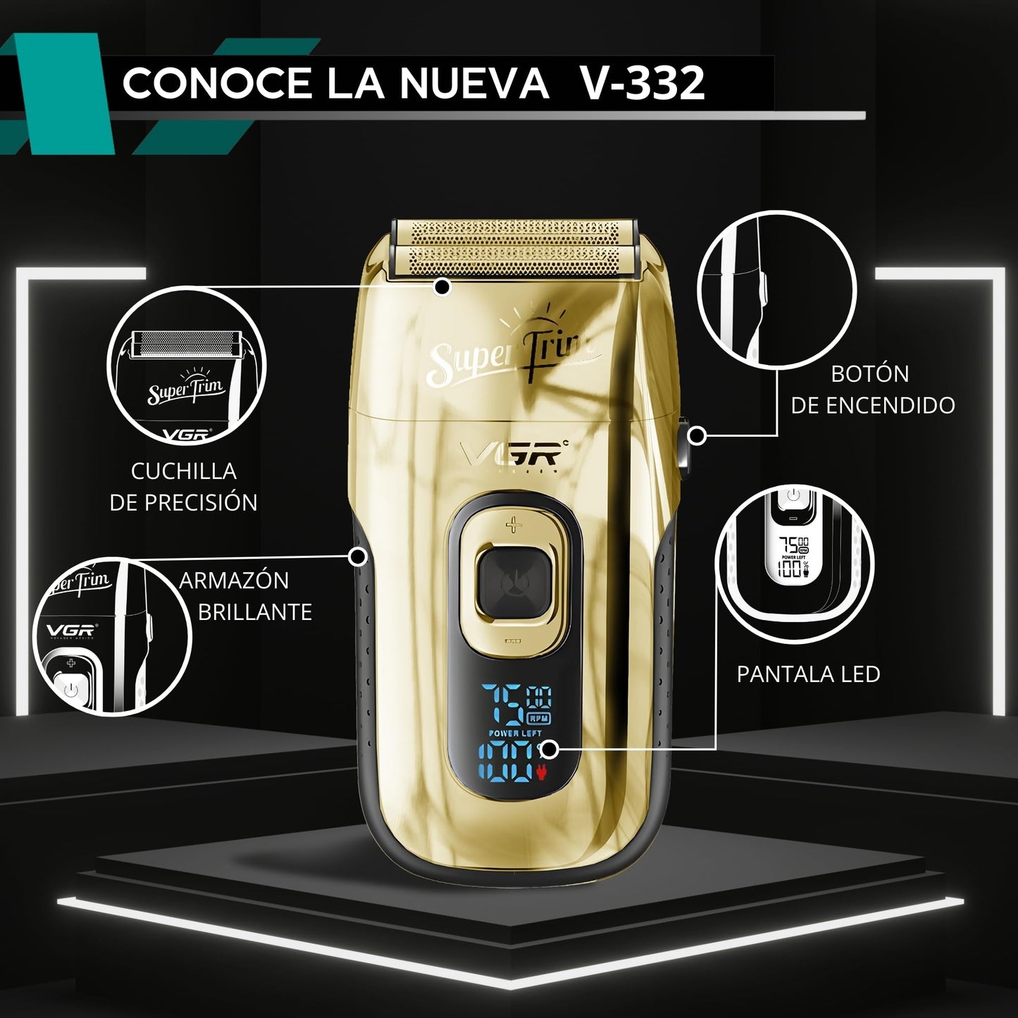 Rasuradora para Hombre Shaver Trimmer VGR V-332, Profesional, Maquina para Cortar Cabello, Barba y Patillas Inalámbrica, Recargable (Dorado)